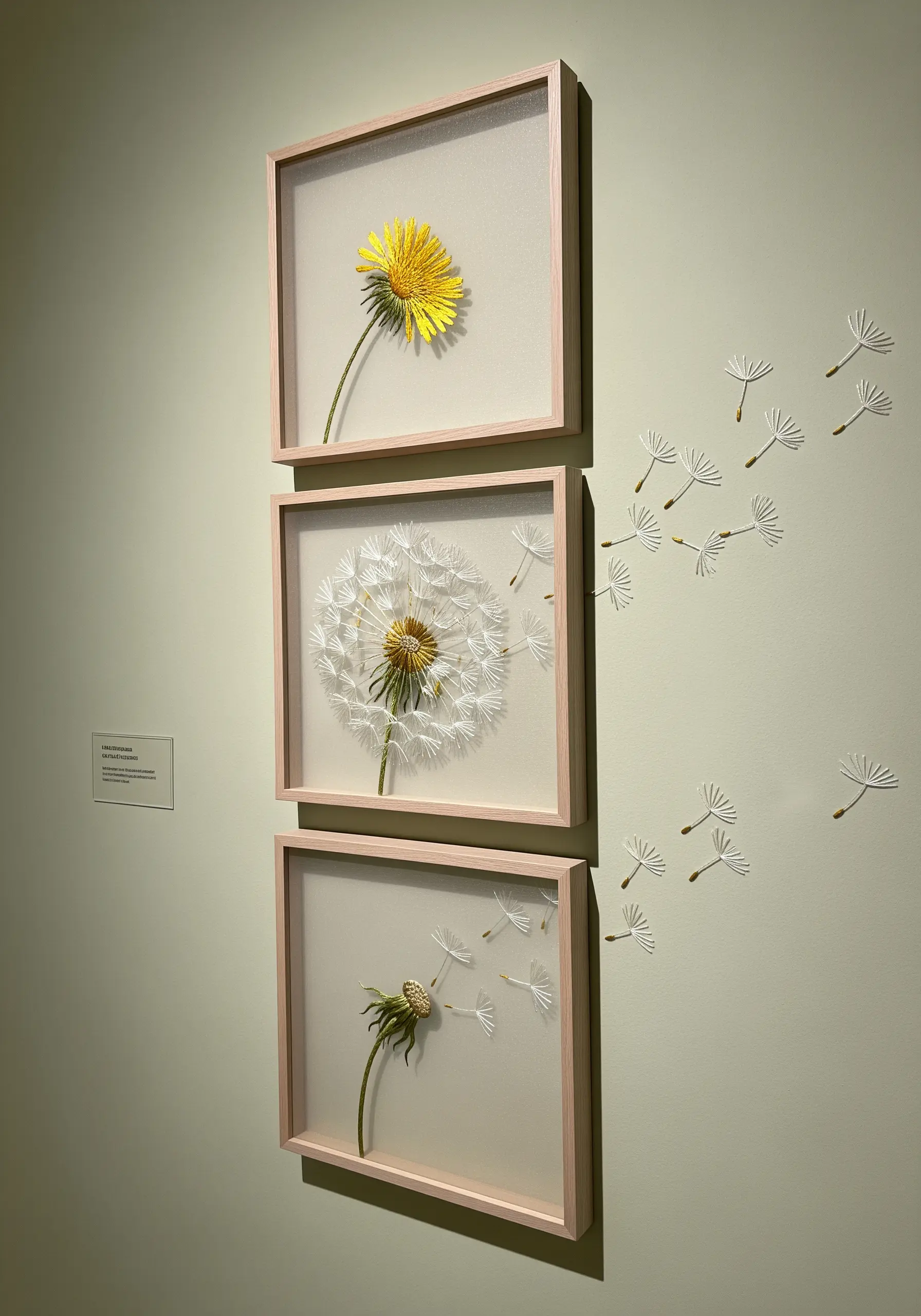 A triptych of framed 3D dandelion embroidery, with seeds floating out of the frame.