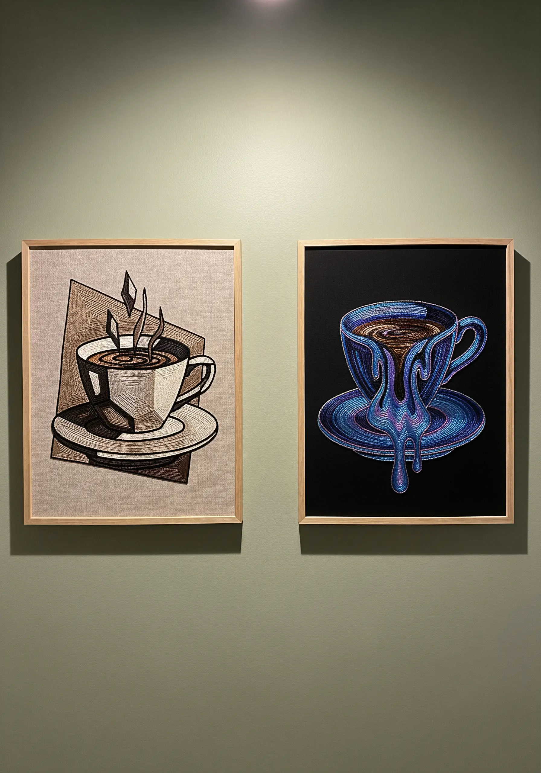 Two framed embroideries of coffee cups, one in a Cubist style, the other Surrealist.