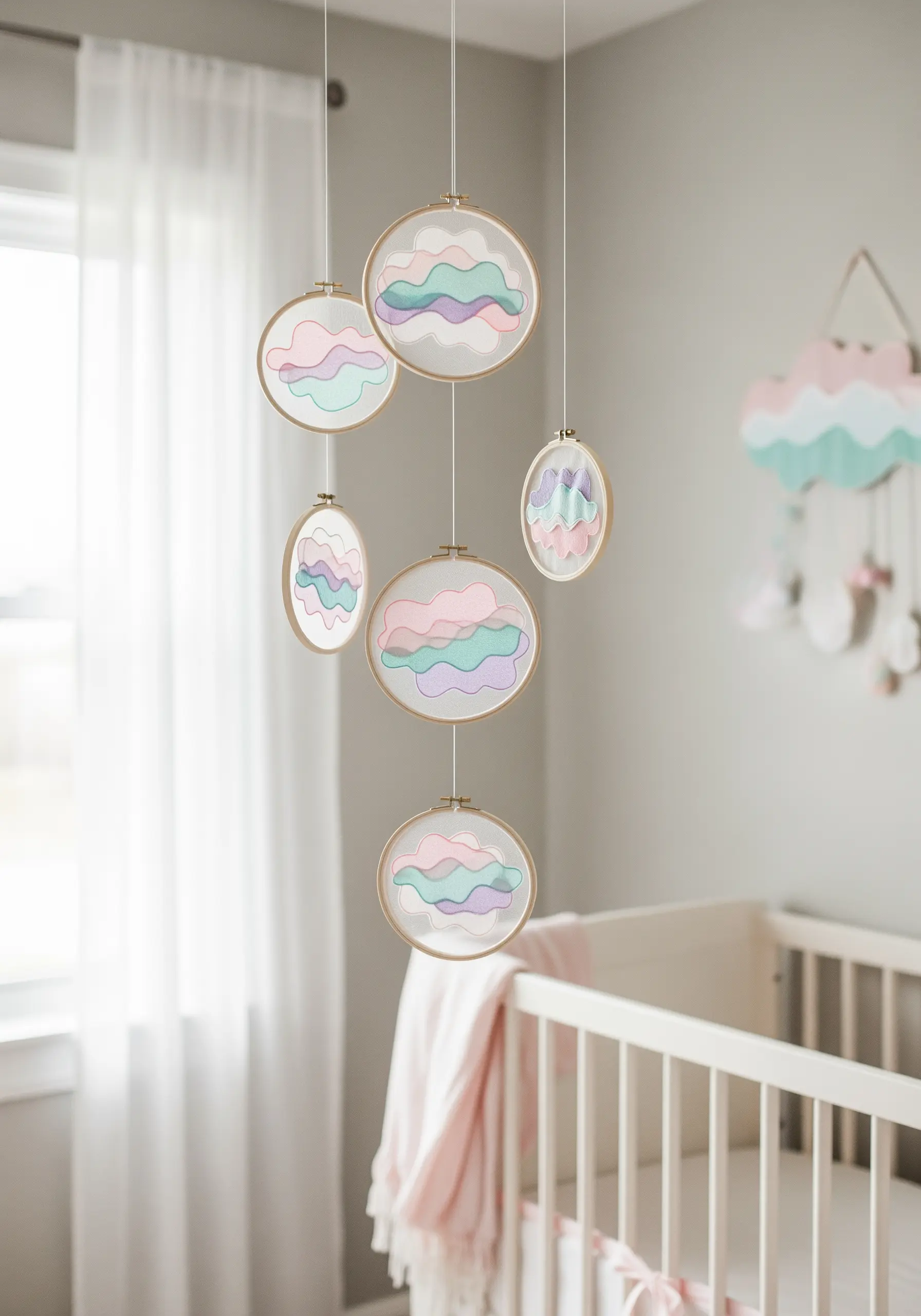 A mobile made of embroidery hoops with pastel shapes stitched on sheer fabric.