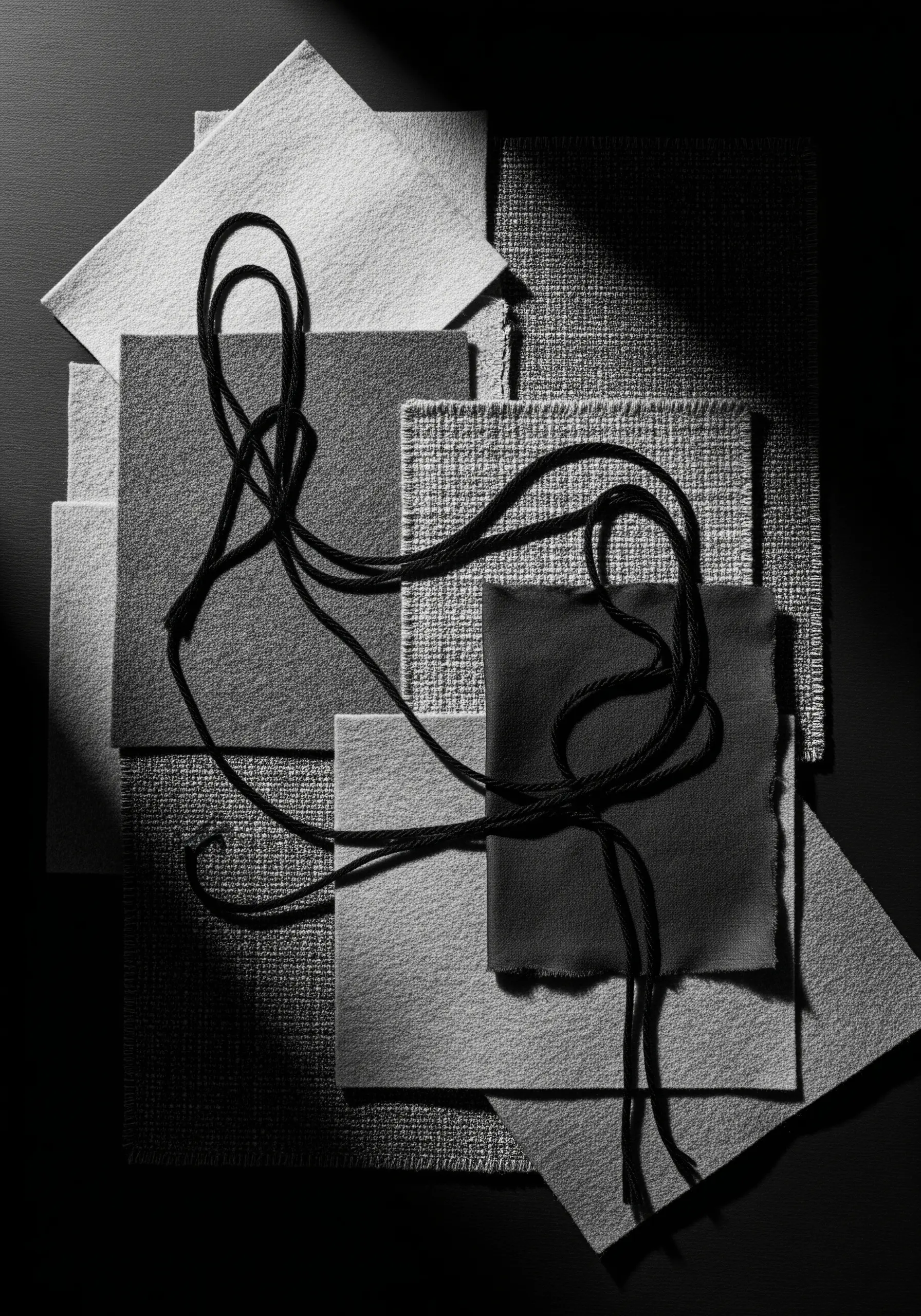 A monochrome abstract fabric collage with layered grey textures and a dramatic black cord.