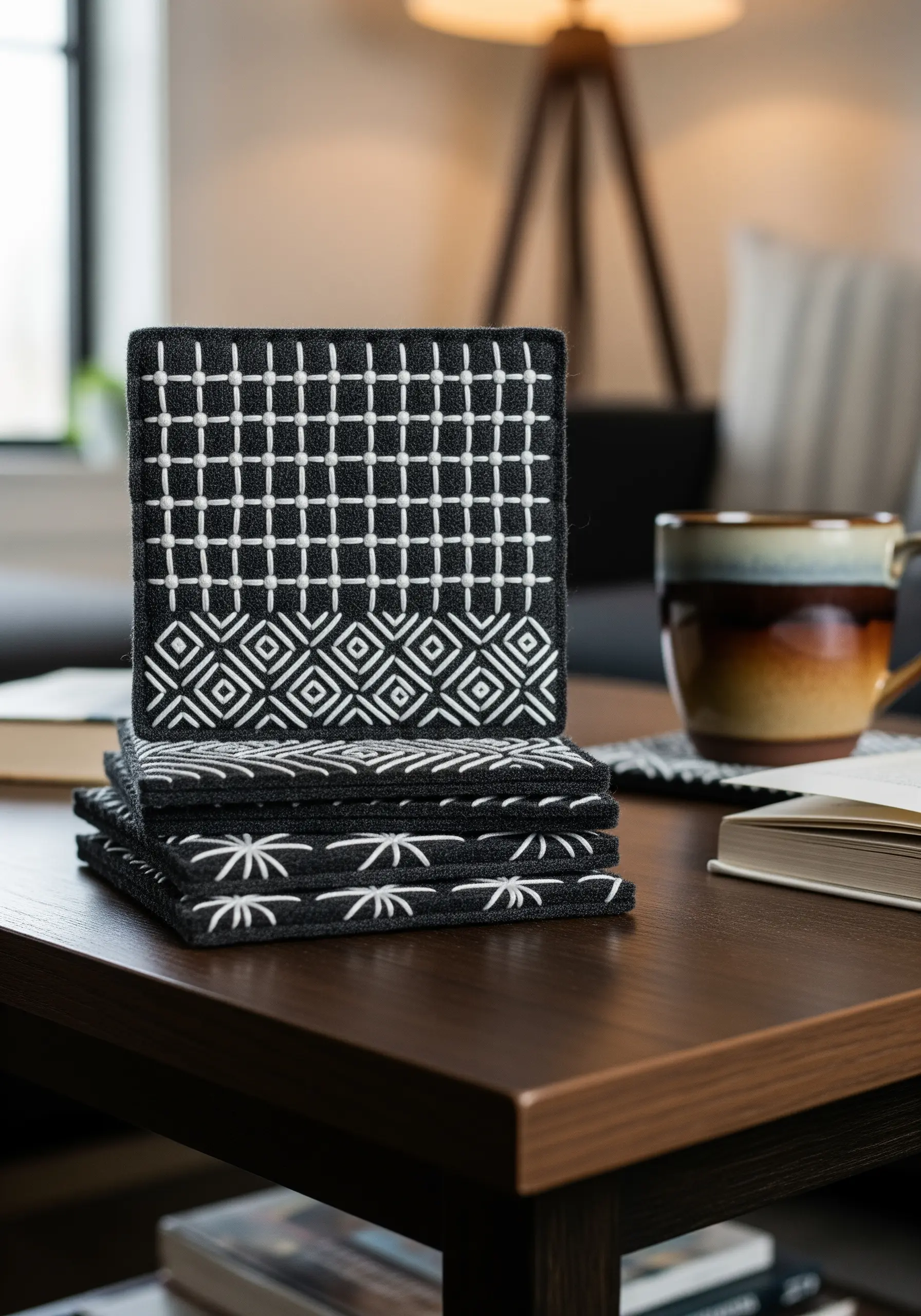 A stack of black coasters with white, geometric Sashiko-inspired embroidery patterns.