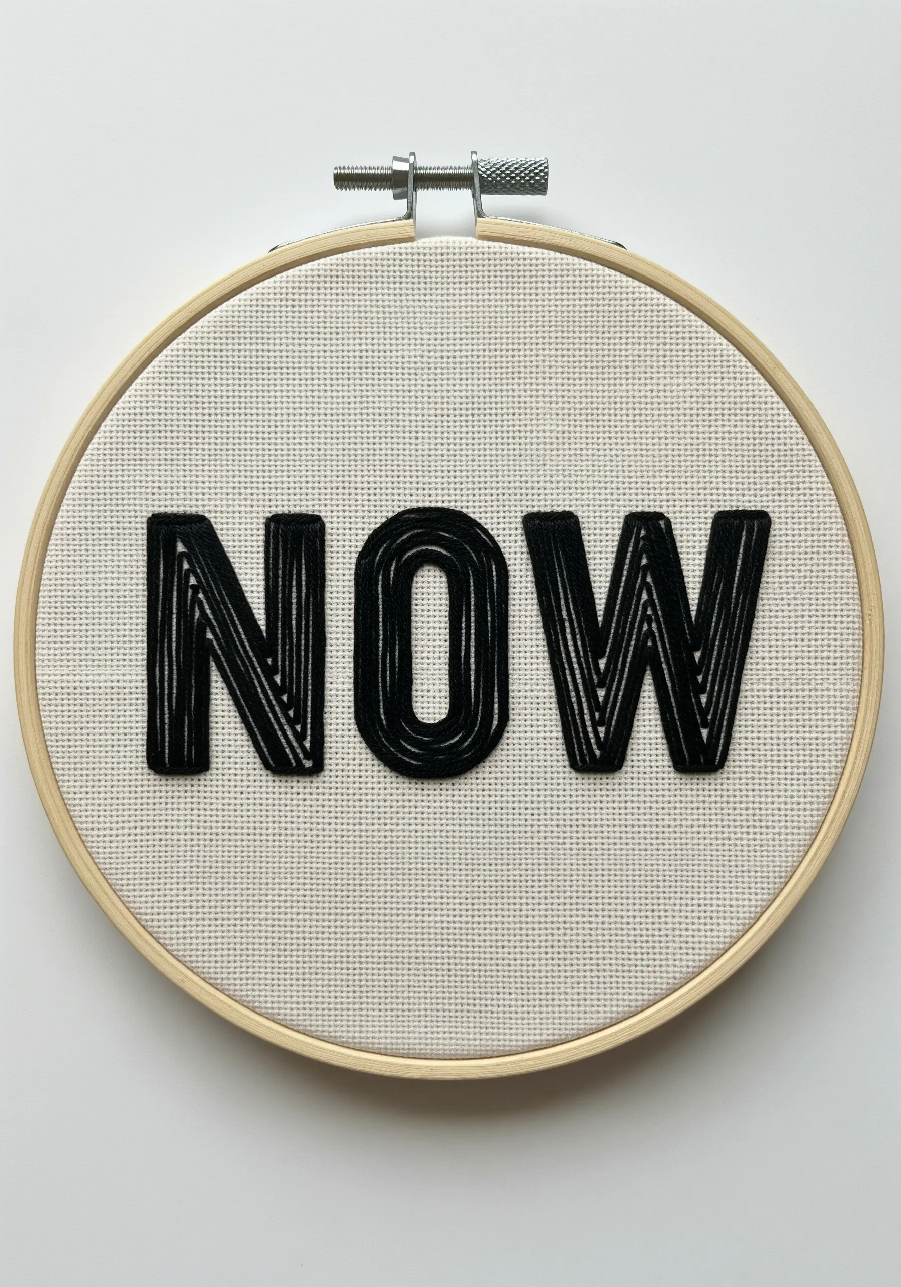 The word 'NOW' in black with a graphic vertical line fill.
