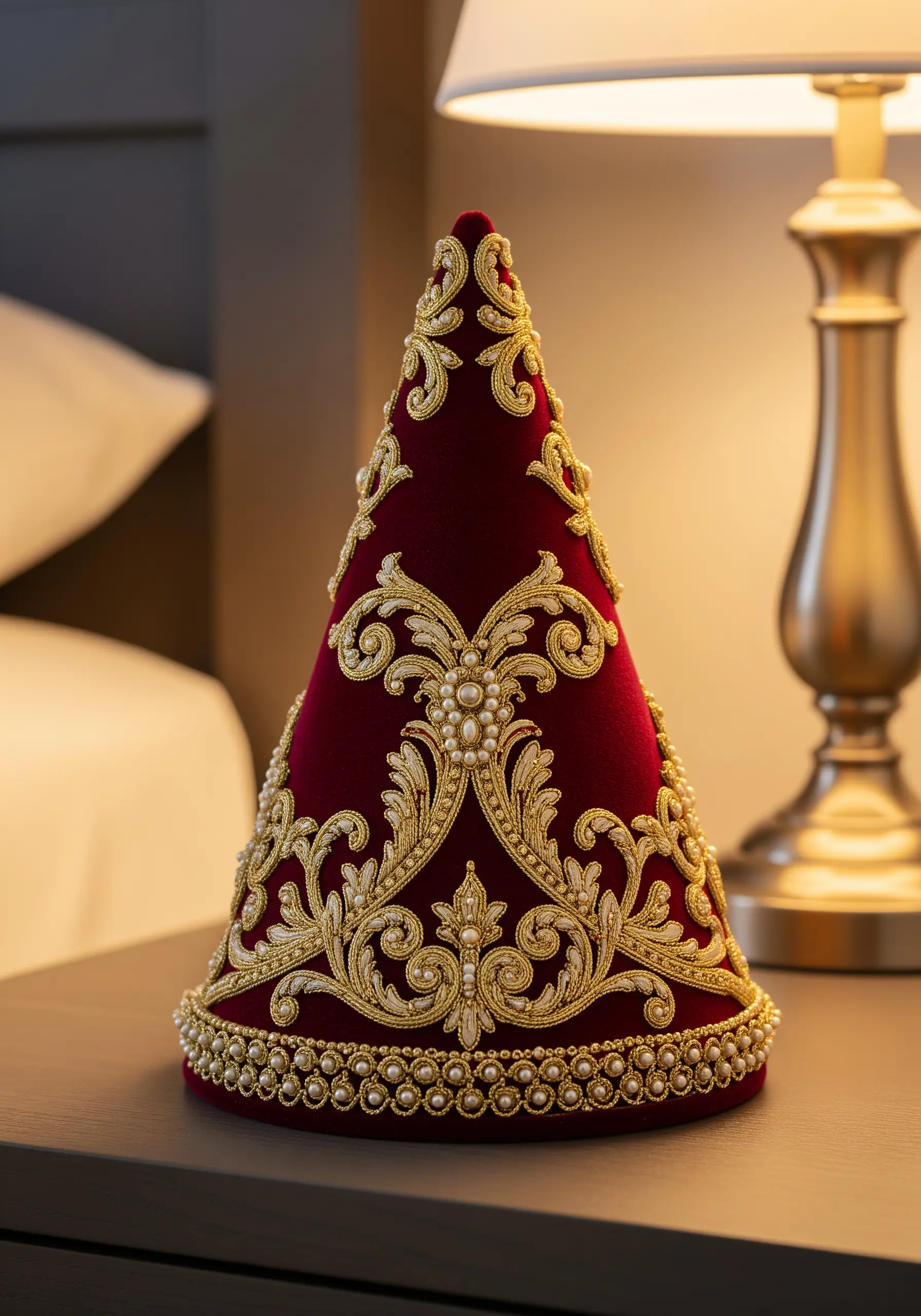 Ornate goldwork and pearl embroidery on a conical red velvet decorative object.