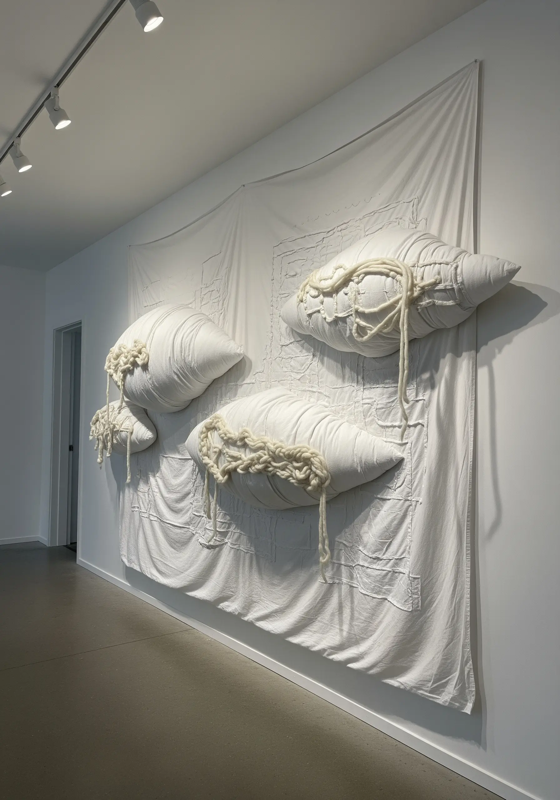 A large white fabric wall art piece with soft, stuffed cloud-like shapes and thick yarn details.