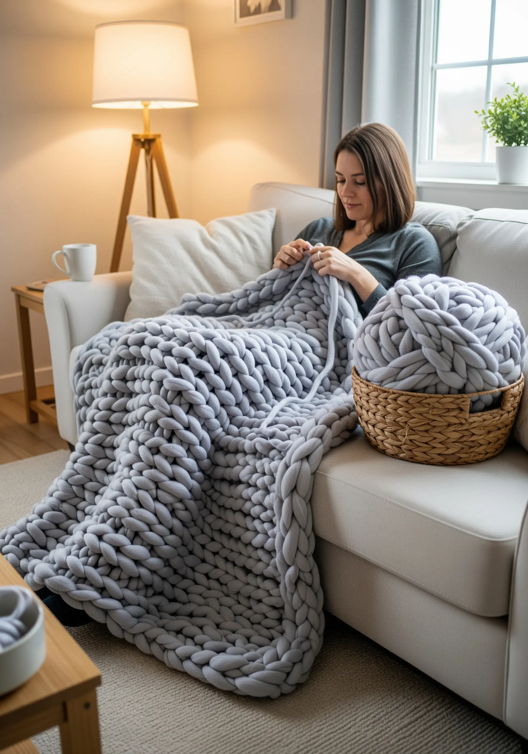 A woman relaxing on a couch while arm knitting a large, chunky grey wool blanket.