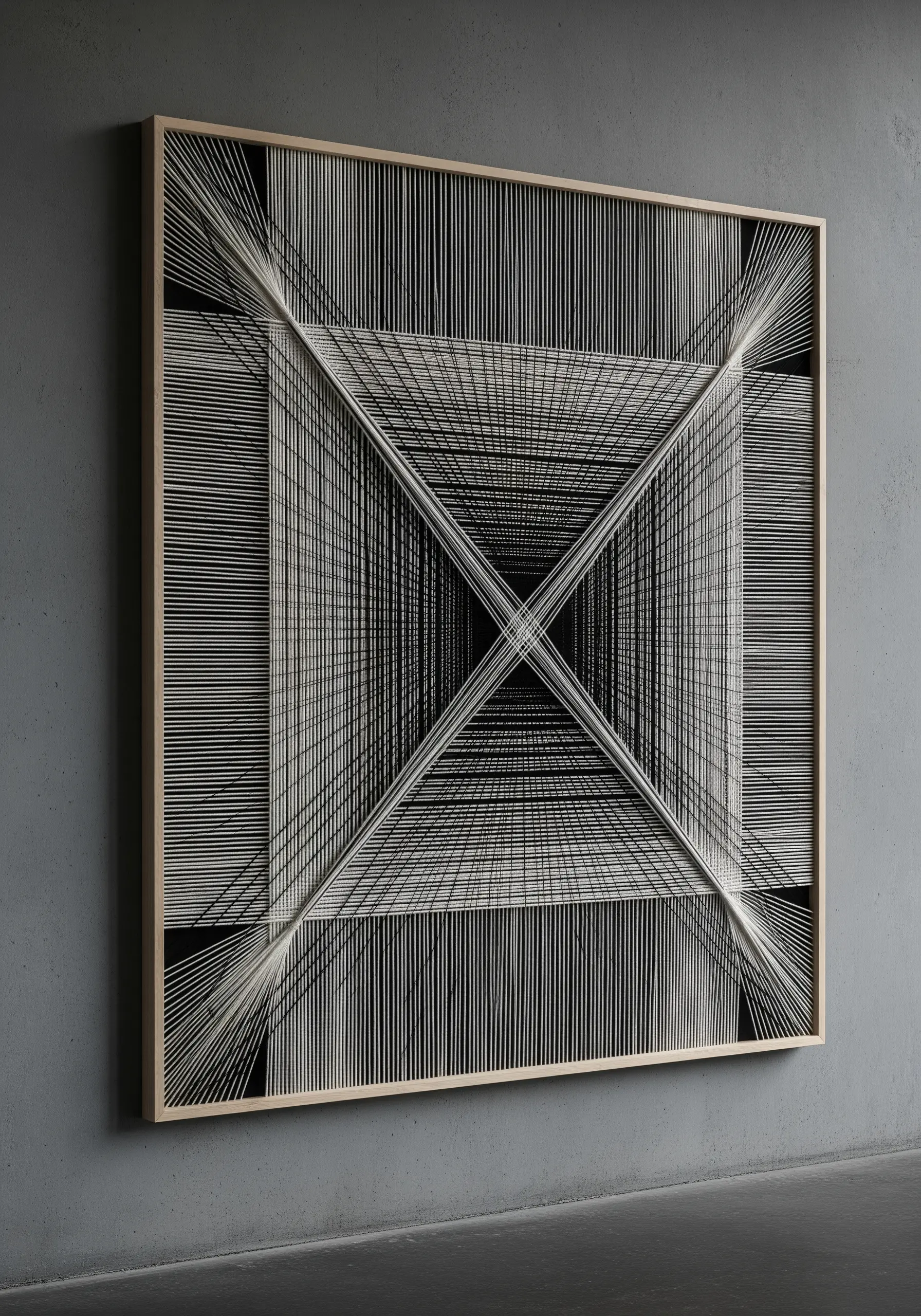 Geometric string art in a wooden frame with black and white threads creating an optical illusion.