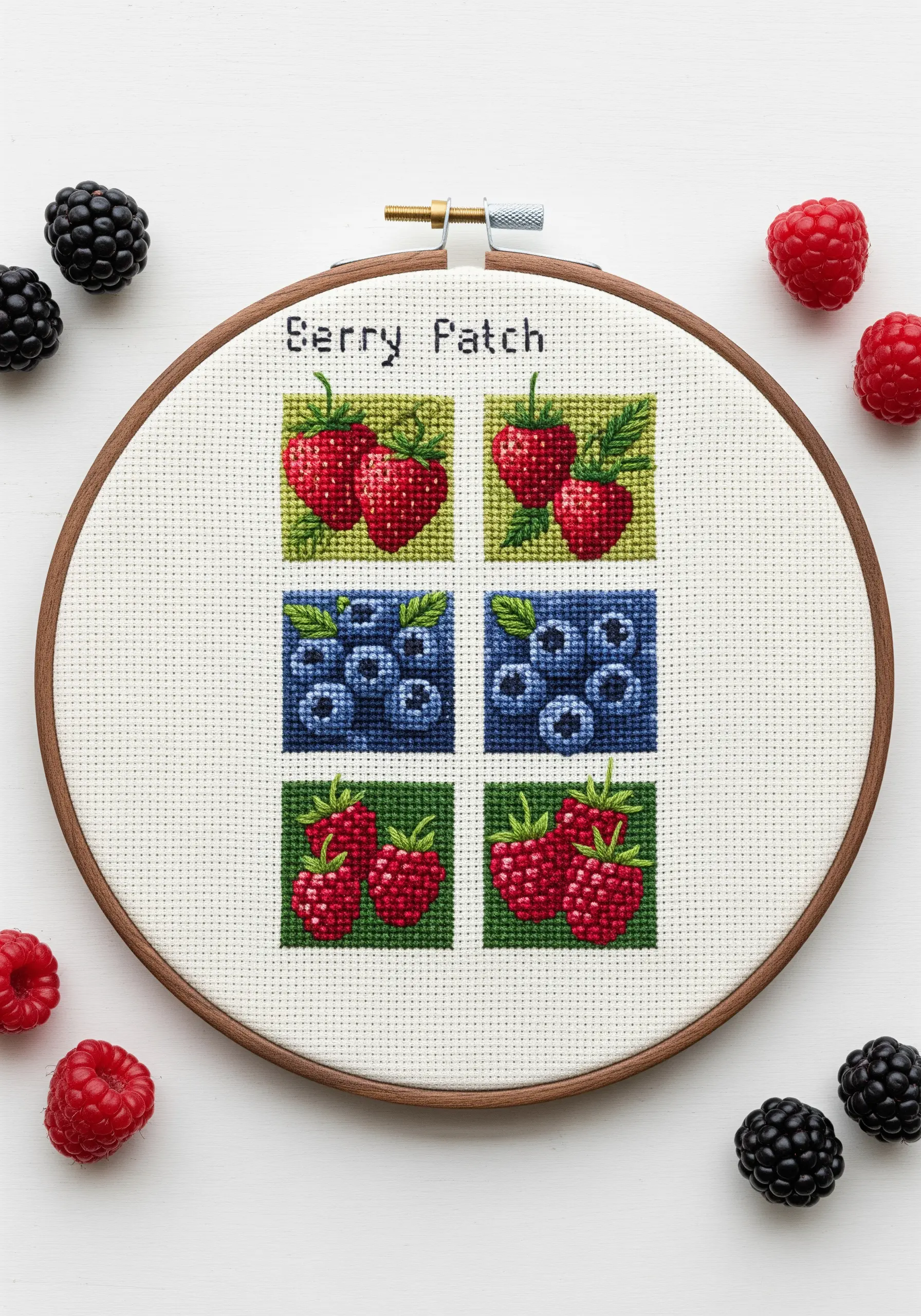A cross-stitch sampler with four squares depicting strawberries, blueberries, and raspberries.