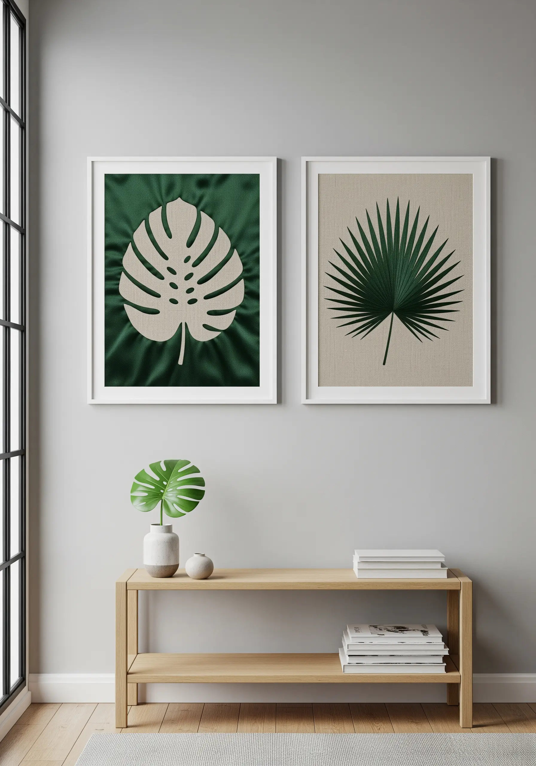 A diptych of framed leaf embroidery: one with a white monstera on green, one with a green palm on beige.