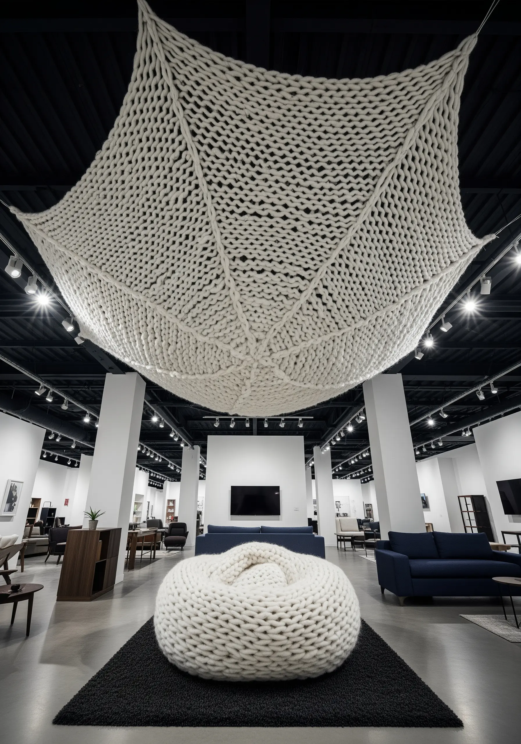 A giant, arm-knitted web of chunky white yarn suspended from the ceiling of a furniture store.