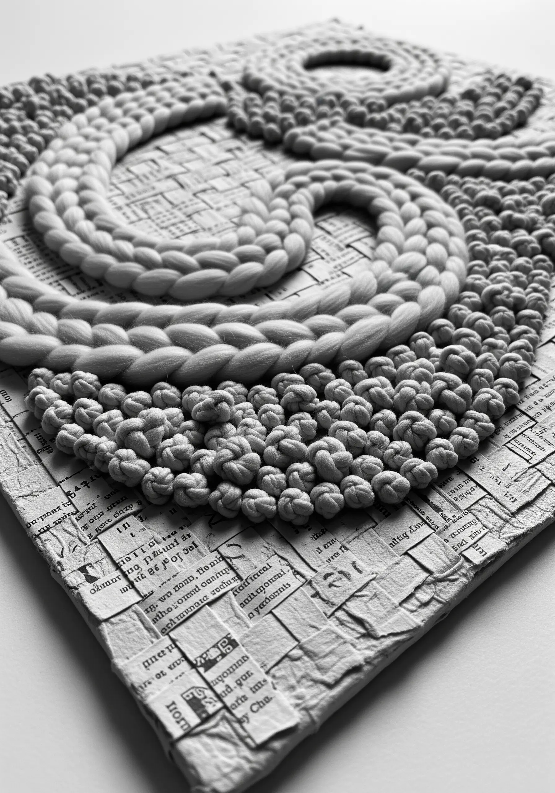 A black and white abstract artwork with thick braided yarn and dense knots on a collaged paper base.
