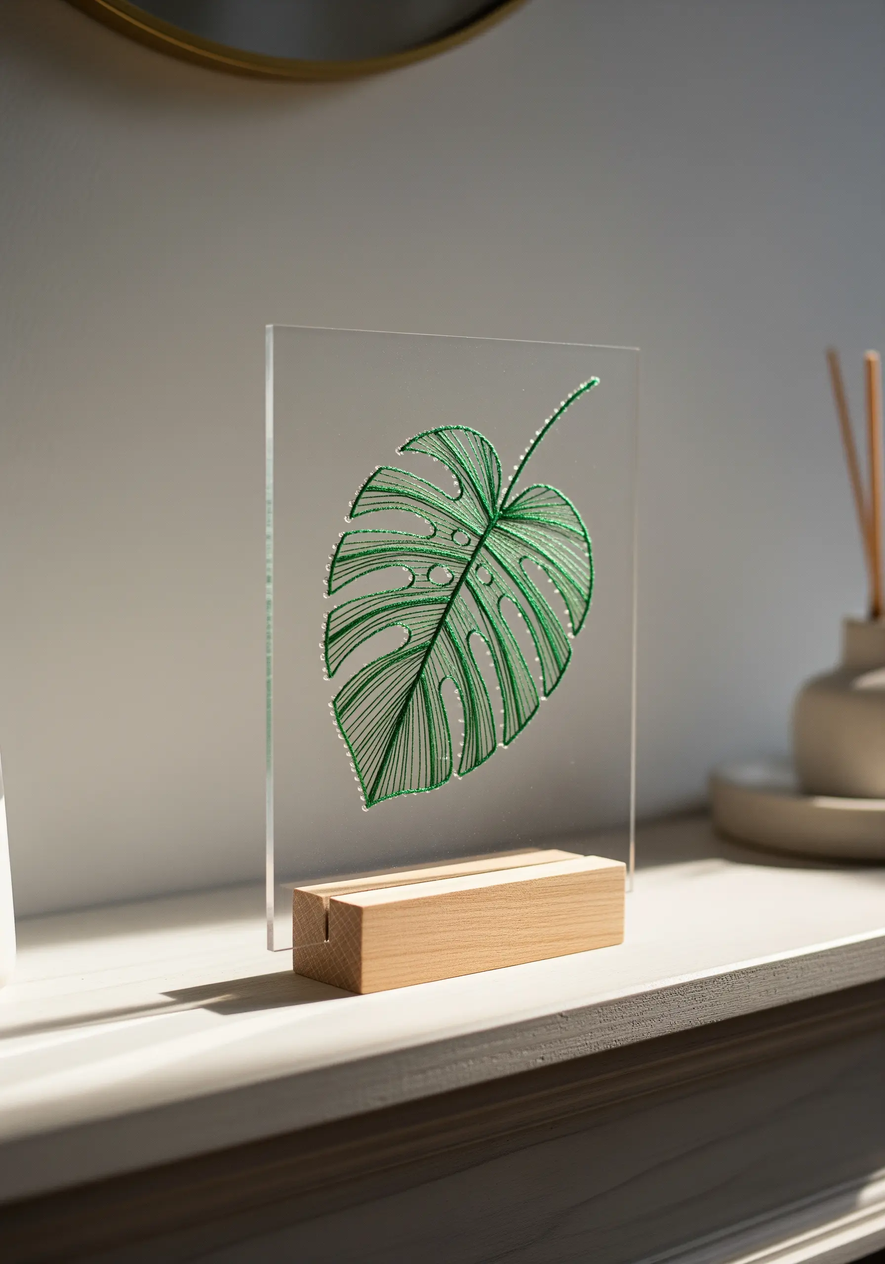 A Monstera leaf design created with green thread stitched through a clear acrylic panel.