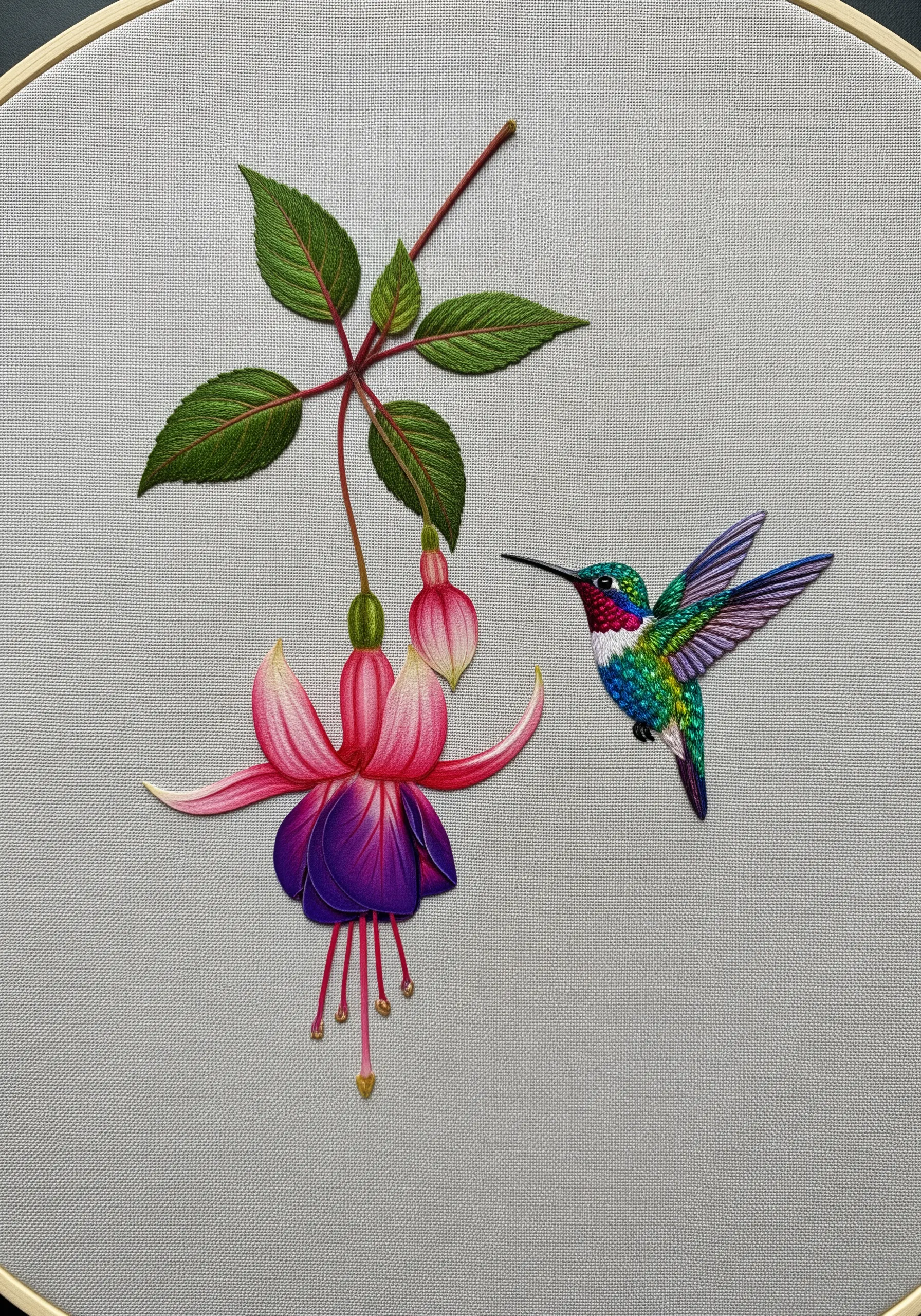 3D stumpwork embroidery of a hummingbird and a fuchsia flower.