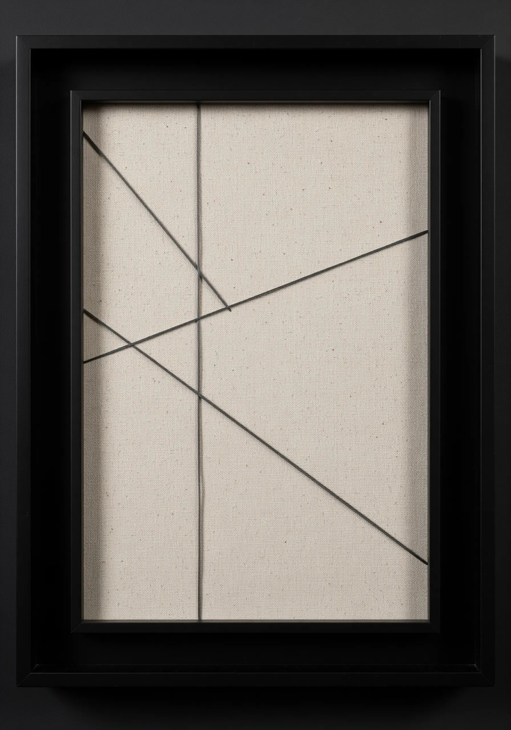 Minimalist art with thin black threads stretched across a canvas in a black shadow box frame.