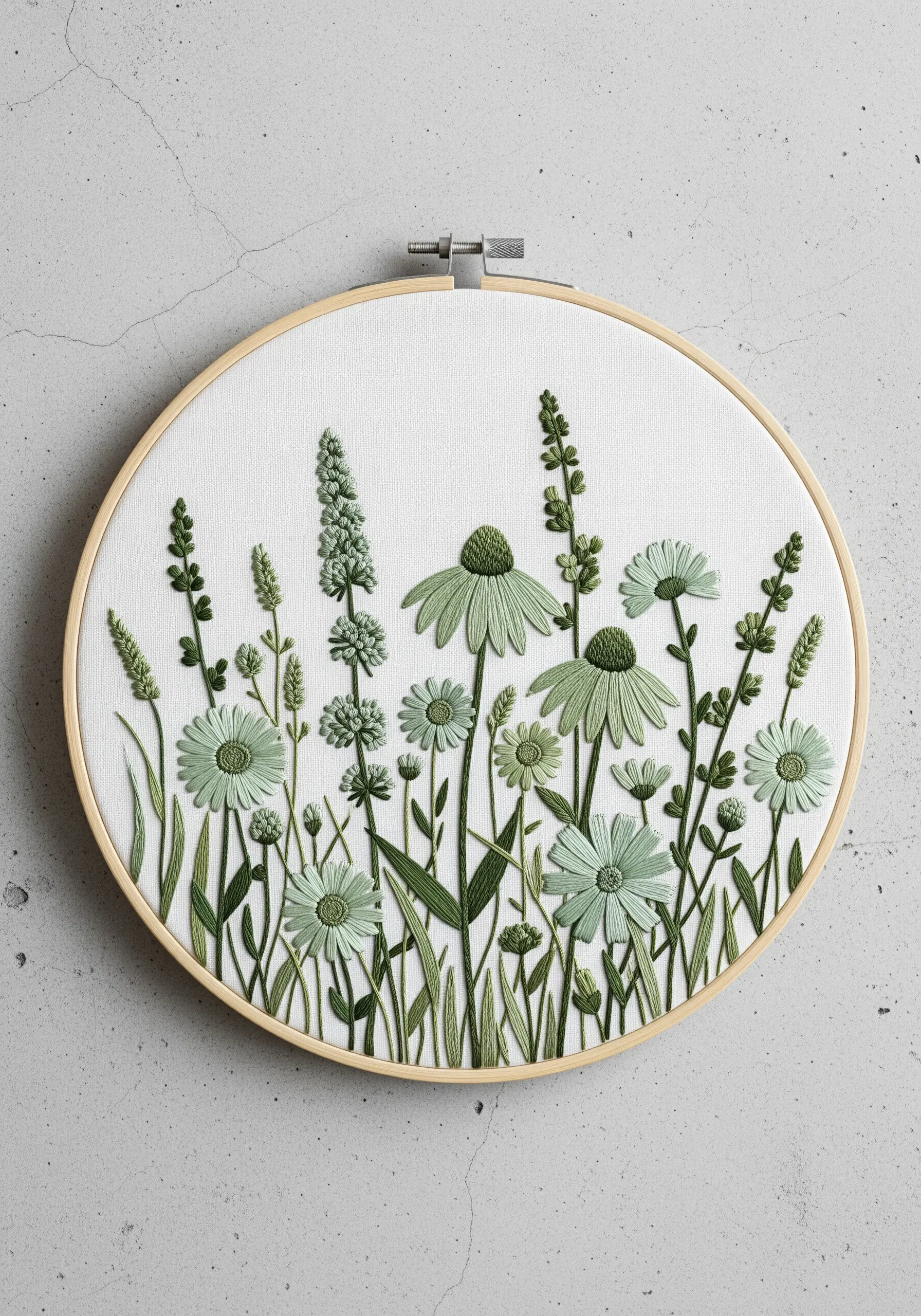 A monochromatic wildflower scene embroidered entirely in shades of green on white fabric.