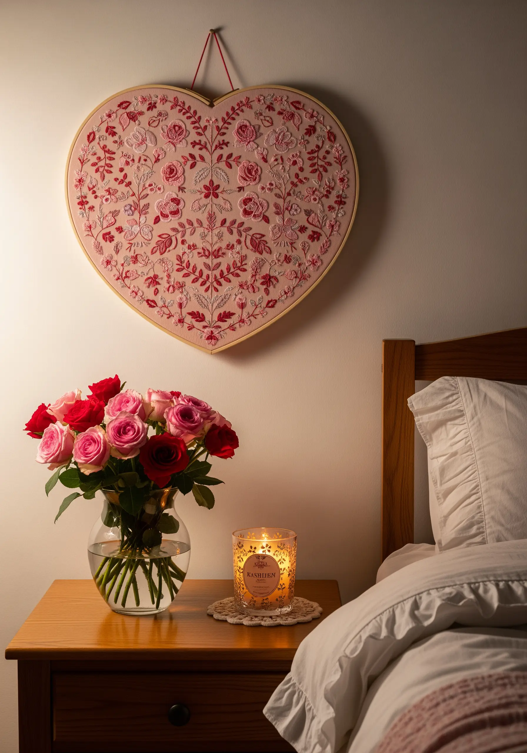 A heart-shaped hoop with intricate red and pink floral embroidery on a pink fabric background.