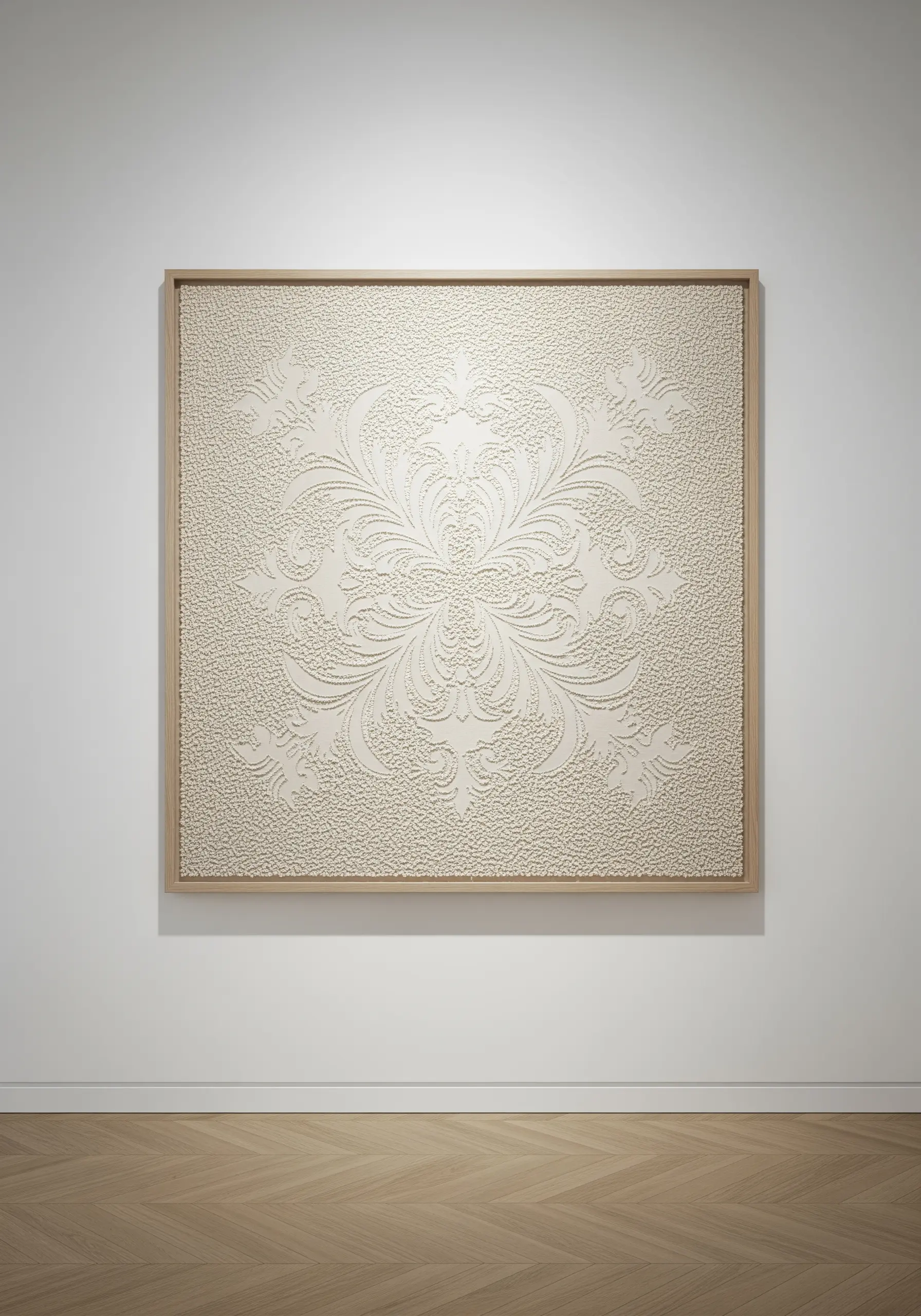 A large, framed white-on-white embroidery of a damask pattern made with French knots.