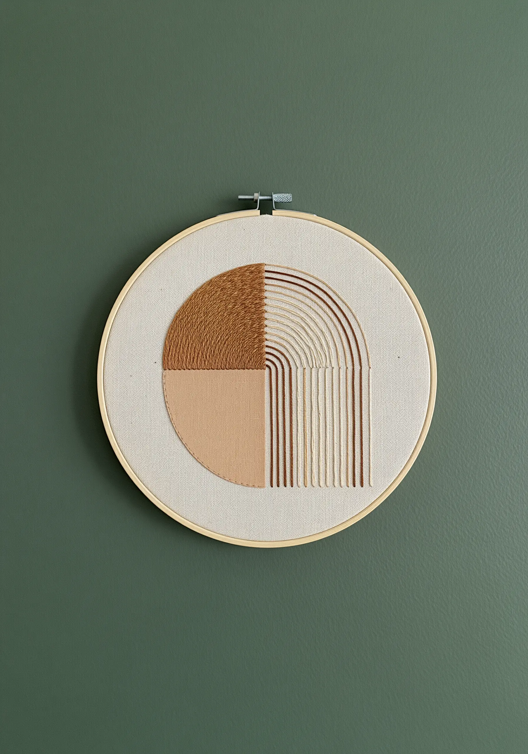 A half-circle design exploring different stitch textures and directions in brown and cream tones.