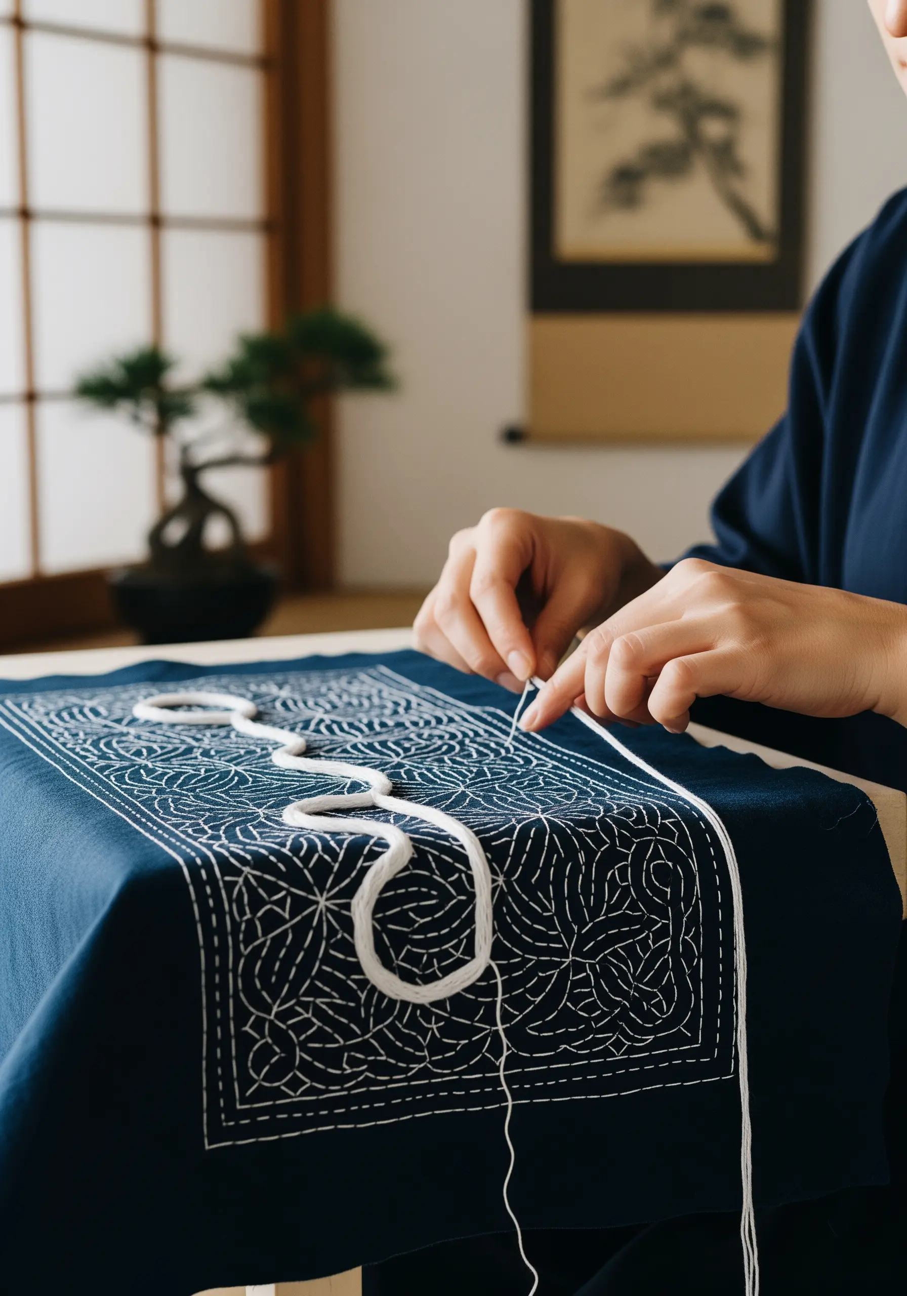 A person stitching a traditional Japanese Sashiko geometric pattern with white thread on indigo fabric.