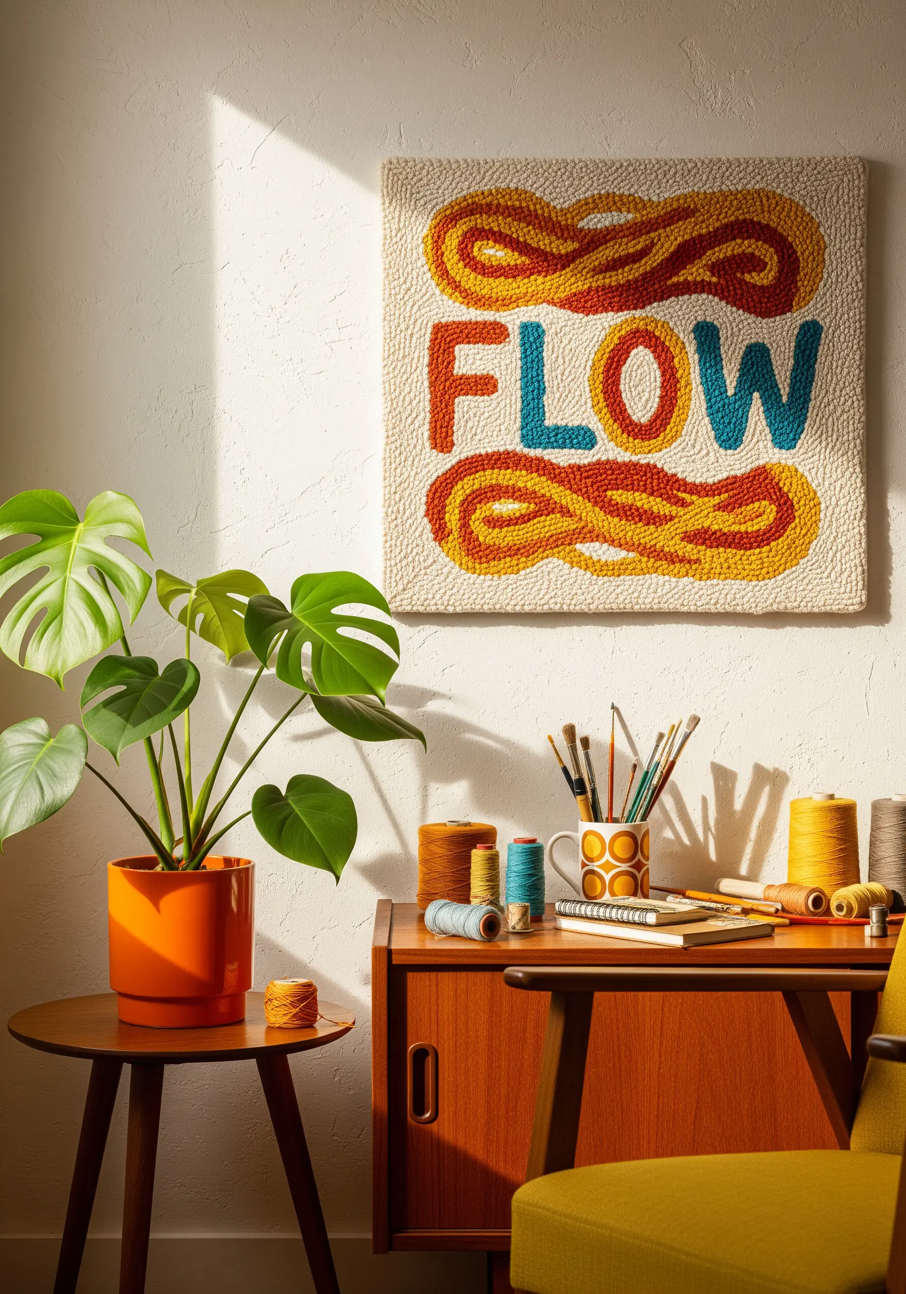 Retro style punch needle wall art with the word FLOW in warm tones