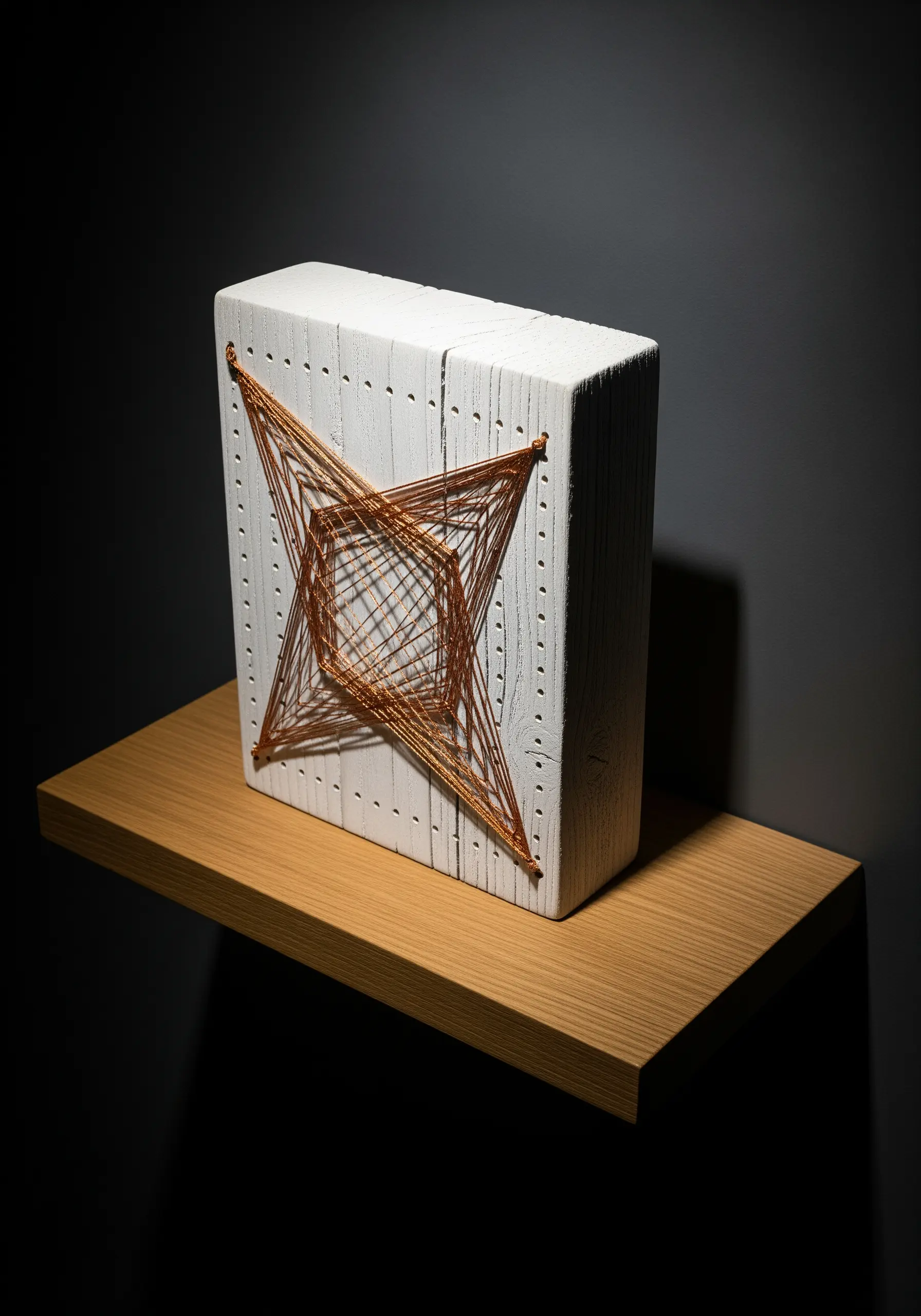 Geometric string art with copper thread on a white wooden block on a shelf.