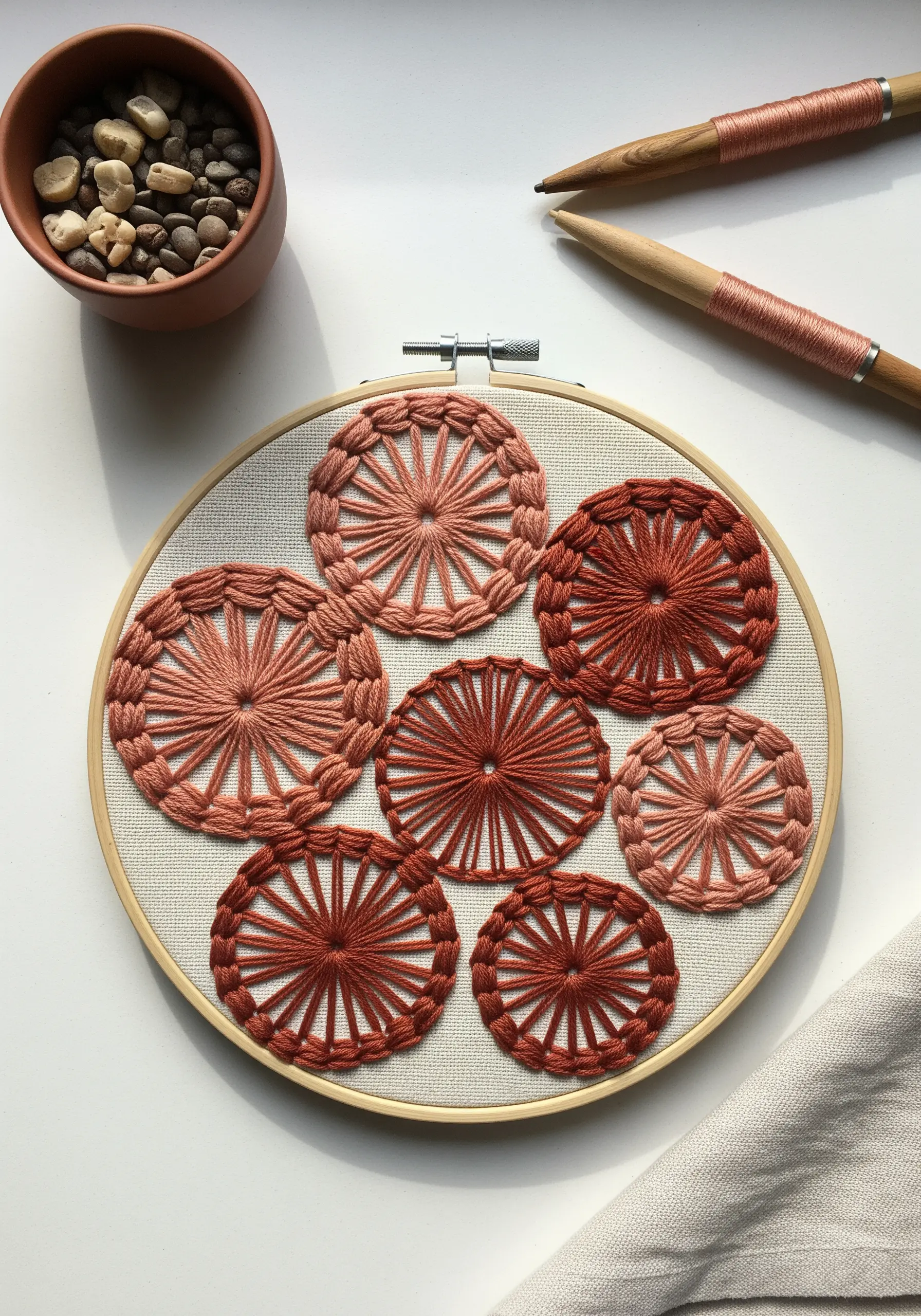 A collection of woven wheel stitches in various sizes and shades of terracotta.