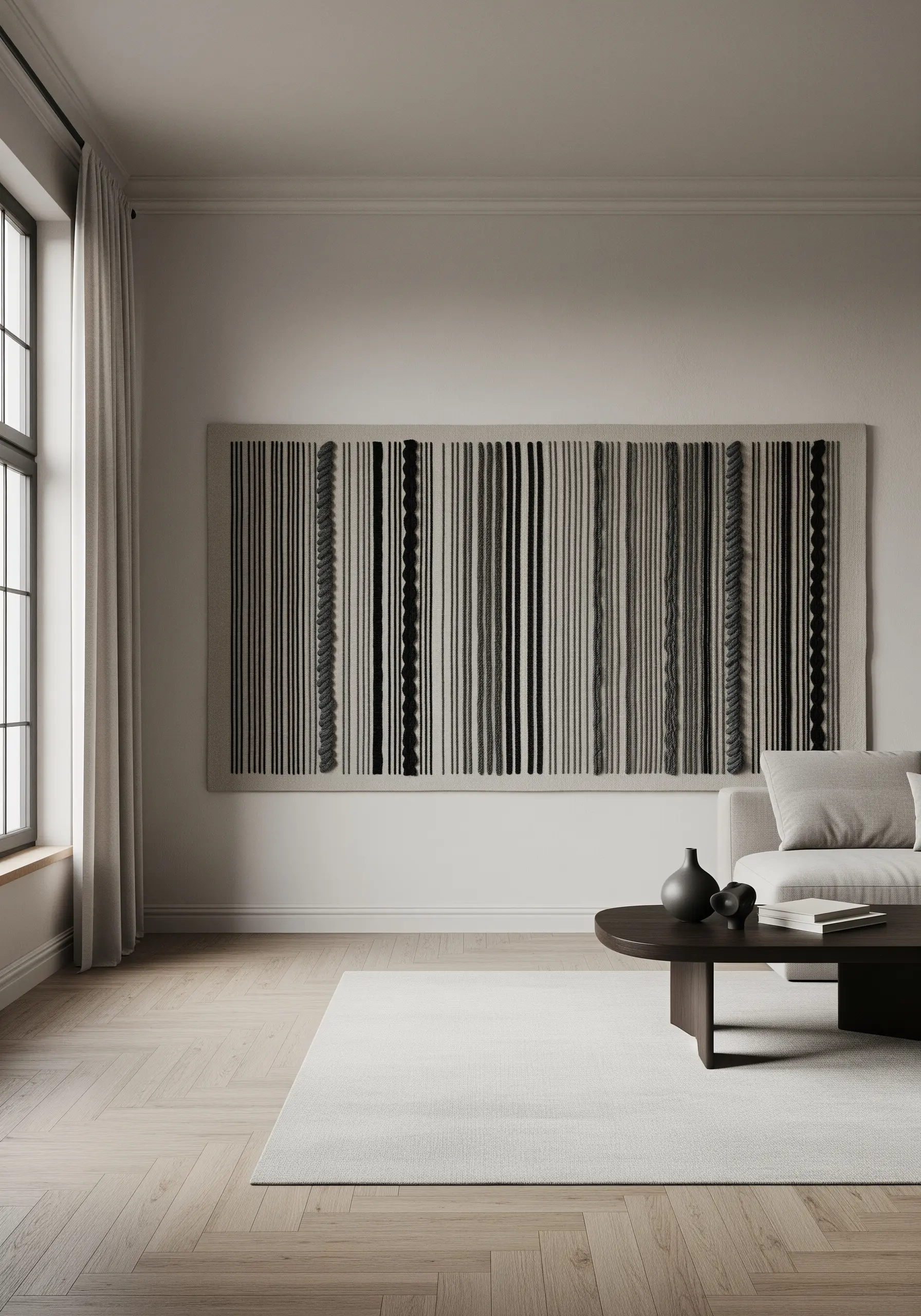 Large abstract textile art with vertical black lines of varying textures and thicknesses.