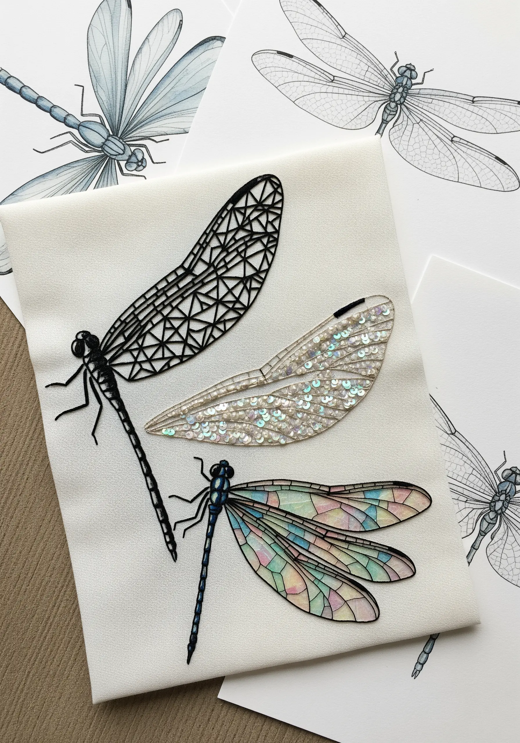 Three different dragonfly wing embroidery techniques: blackwork, sequins, and colored fill.