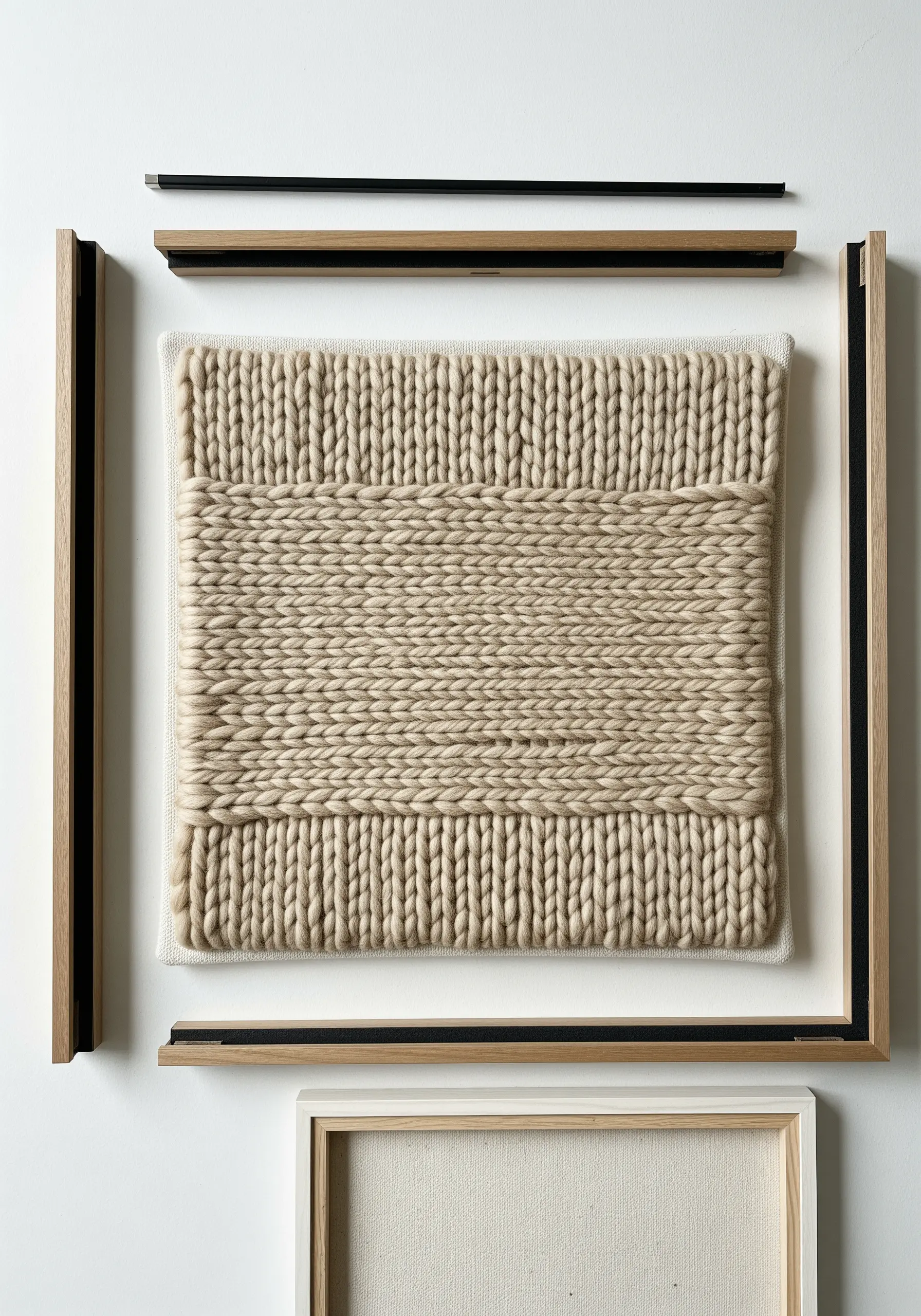 A minimalist woven textile piece with bands of different textures in neutral tones.