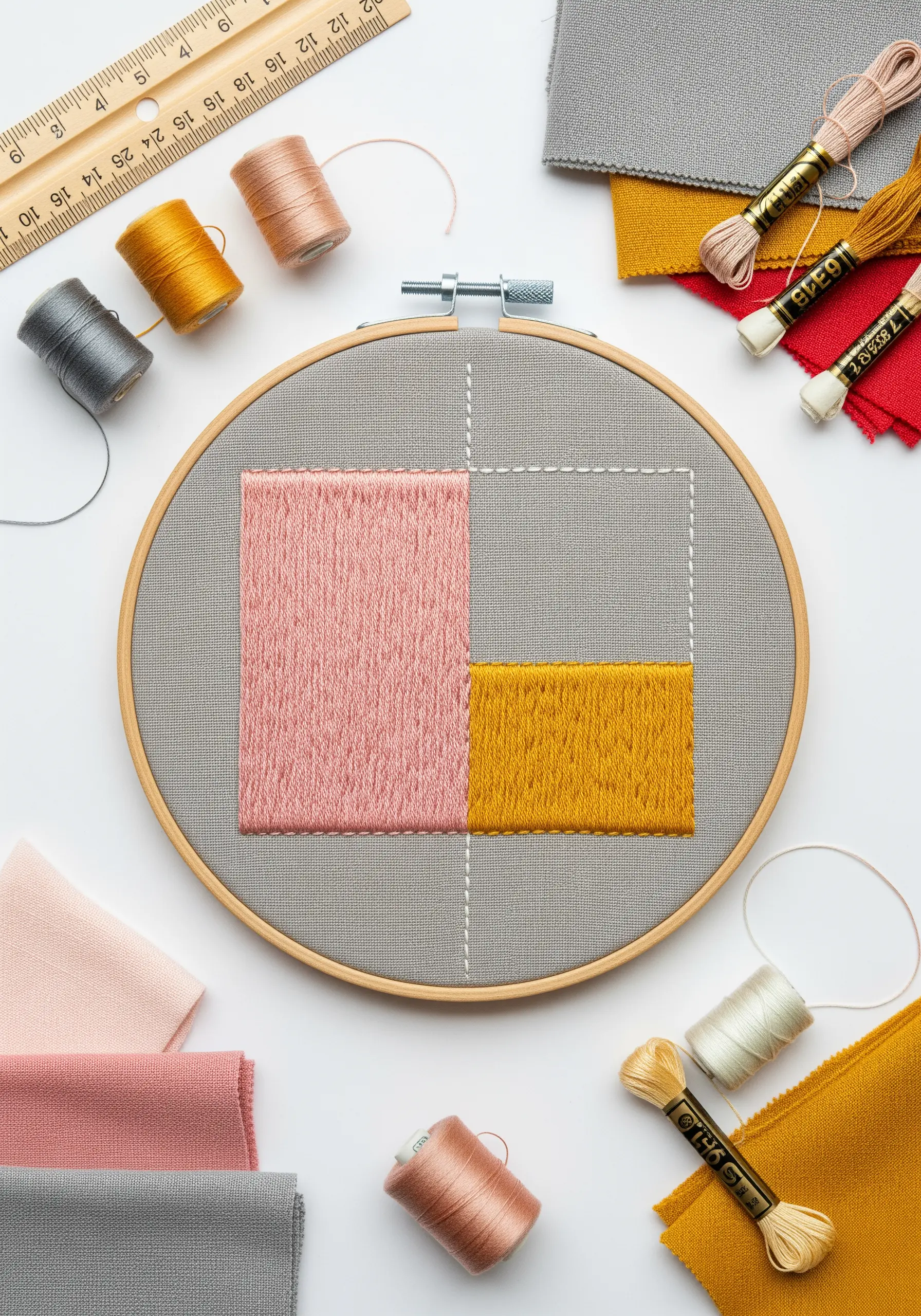 Abstract geometric shapes in pink and yellow filled with satin stitch on grey fabric.