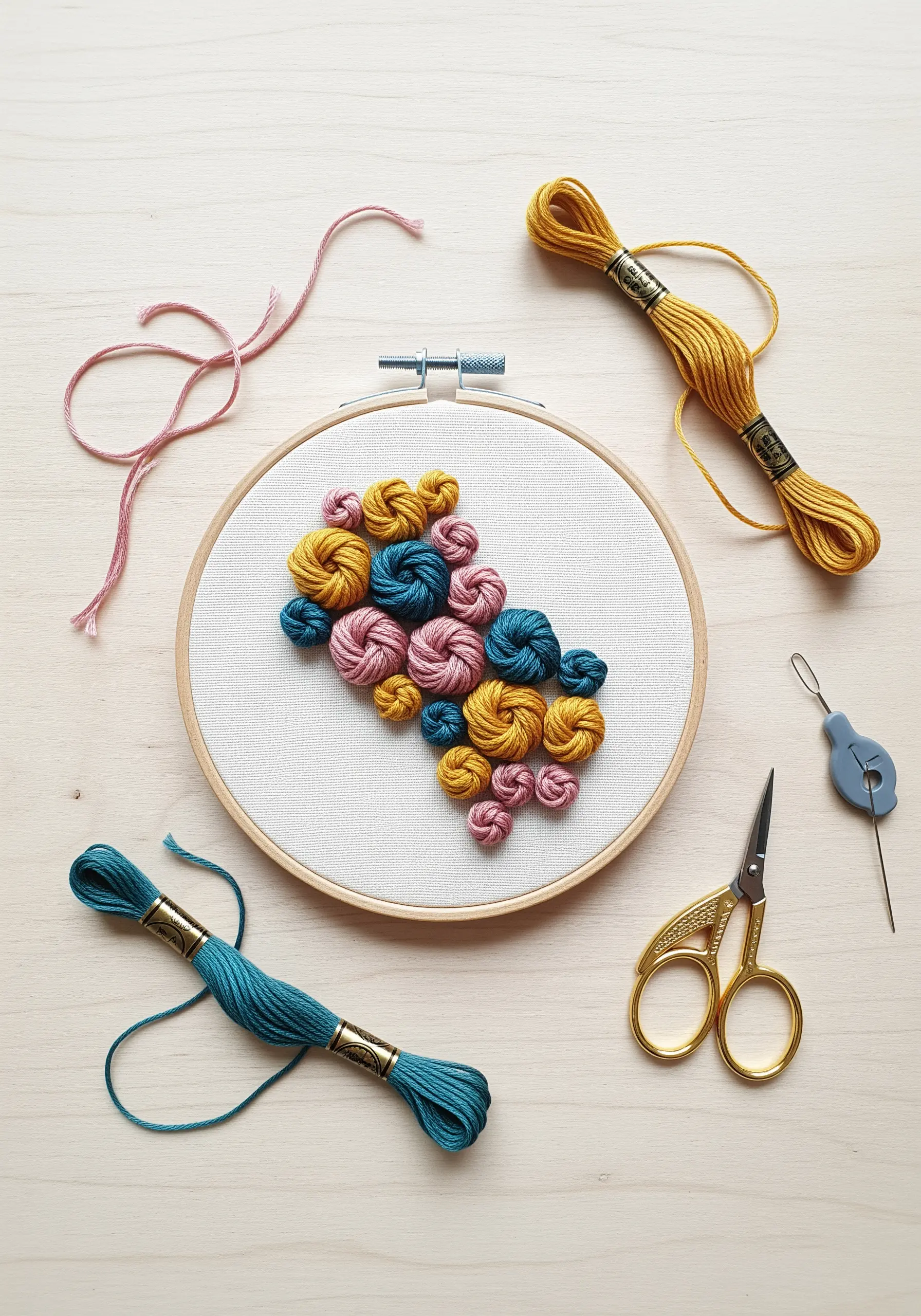 An abstract cluster of colorful bullion knots and French knots in a wooden hoop.