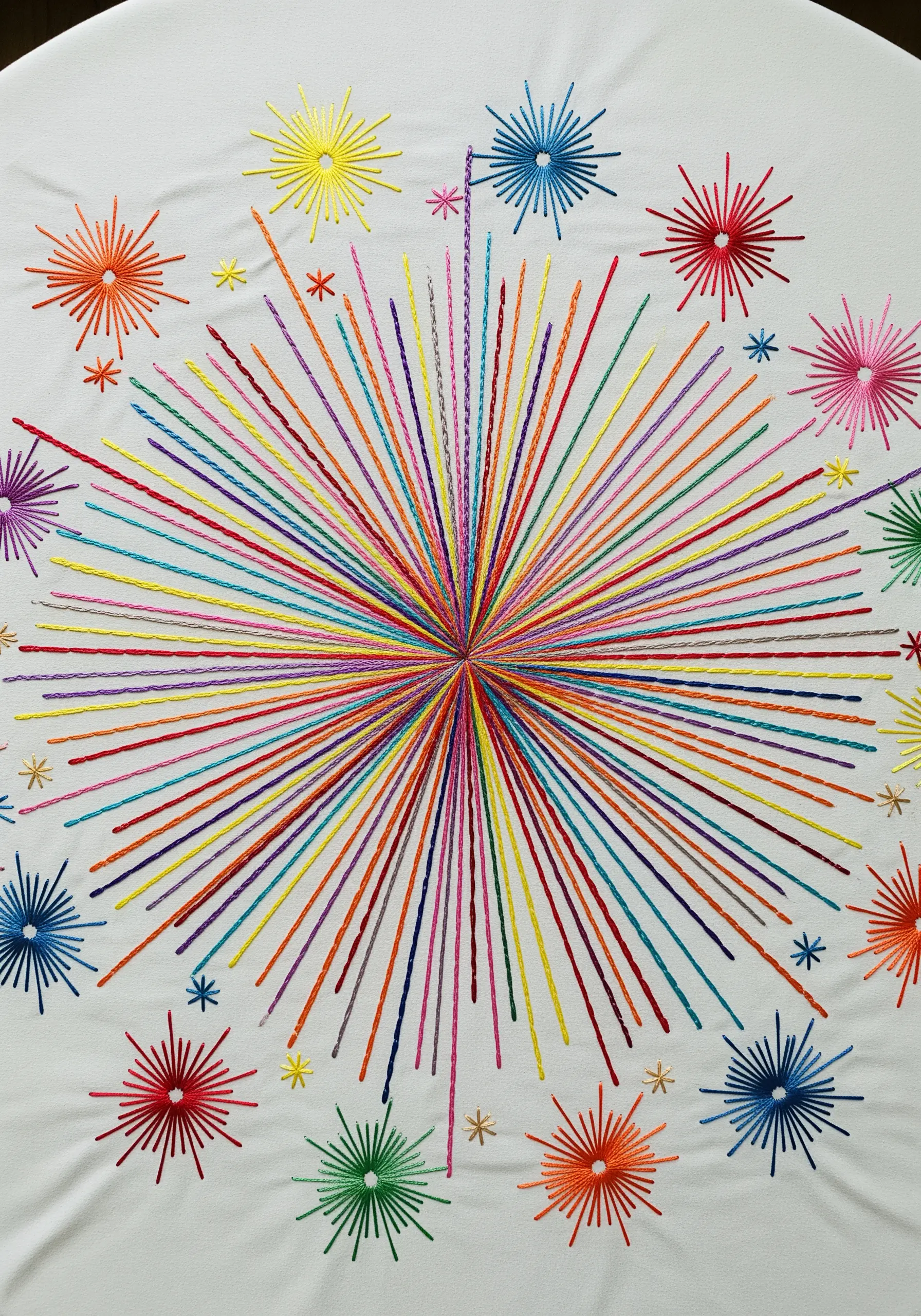A large central firework burst of rainbow straight stitches surrounded by smaller bursts.