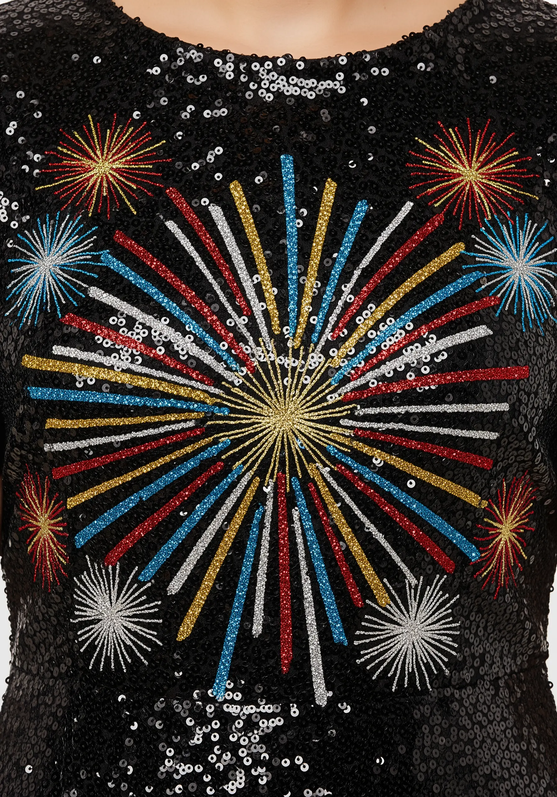 Multi-colored glitter thread fireworks embroidered over a black sequined fabric.