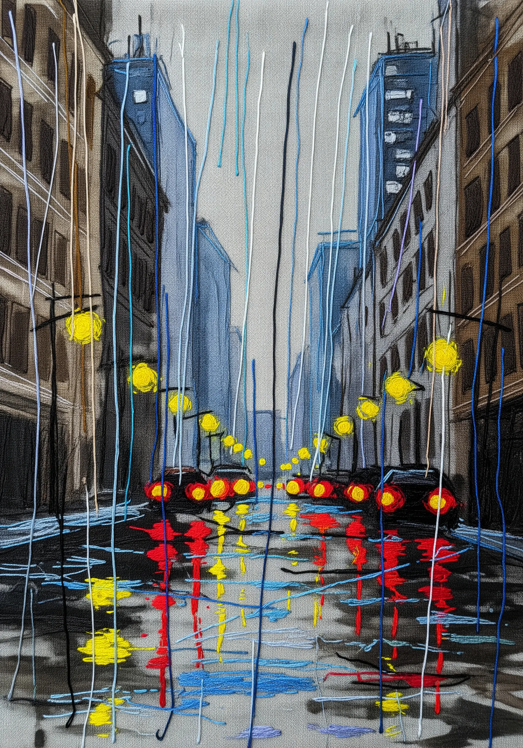 Abstract embroidered cityscape with loose vertical threads mimicking rain and reflections.