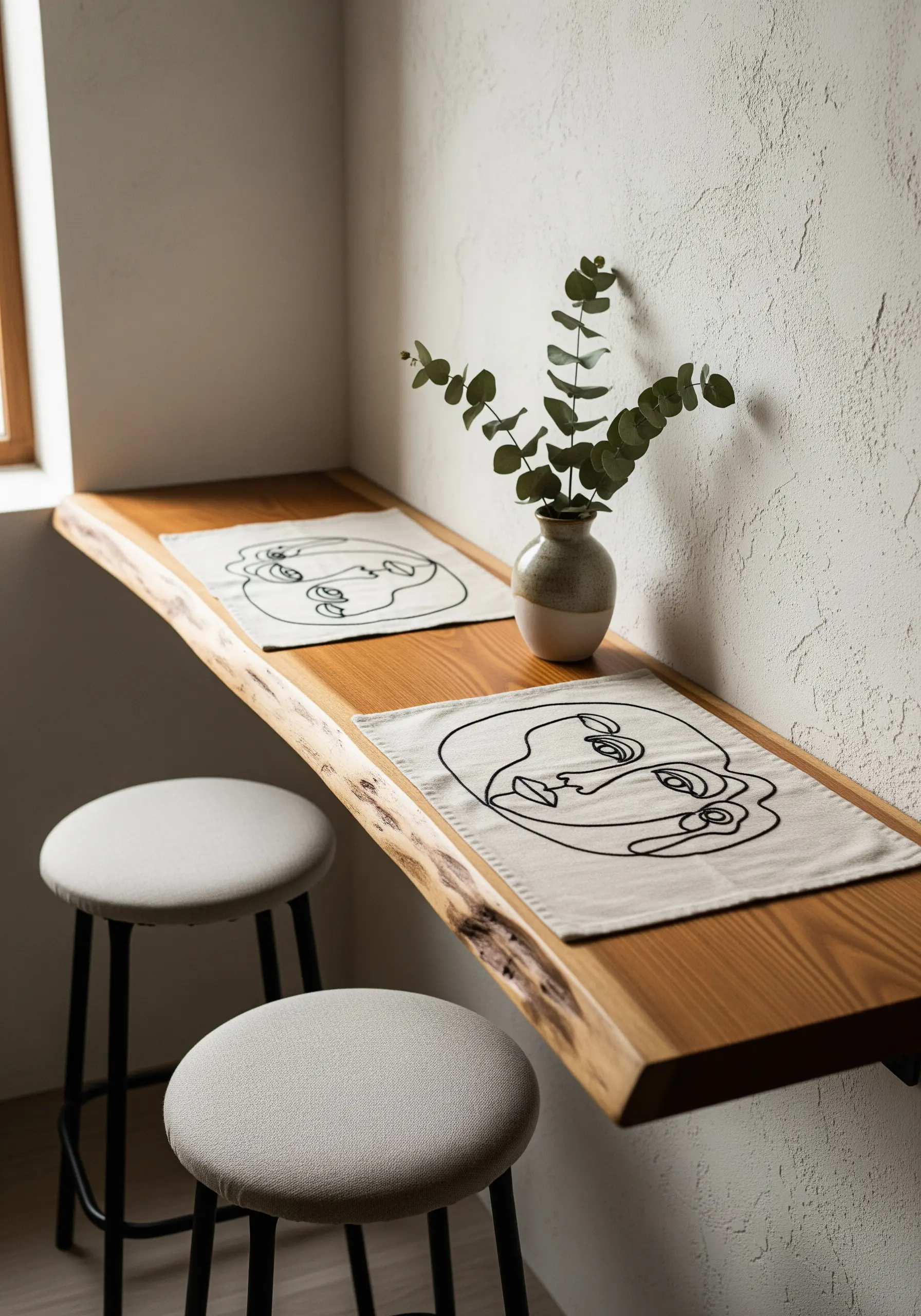 Minimalist one-line art faces embroidered in black thread on neutral placemats