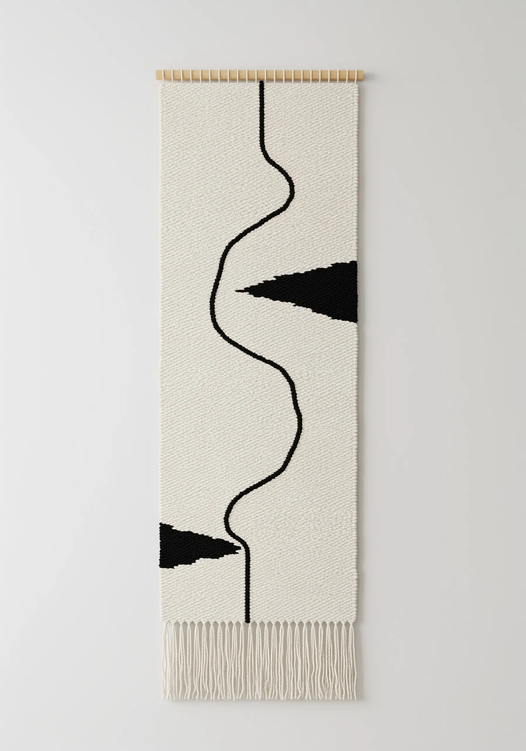 A minimalist woven wall hanging with a single black undulating line and two triangles.