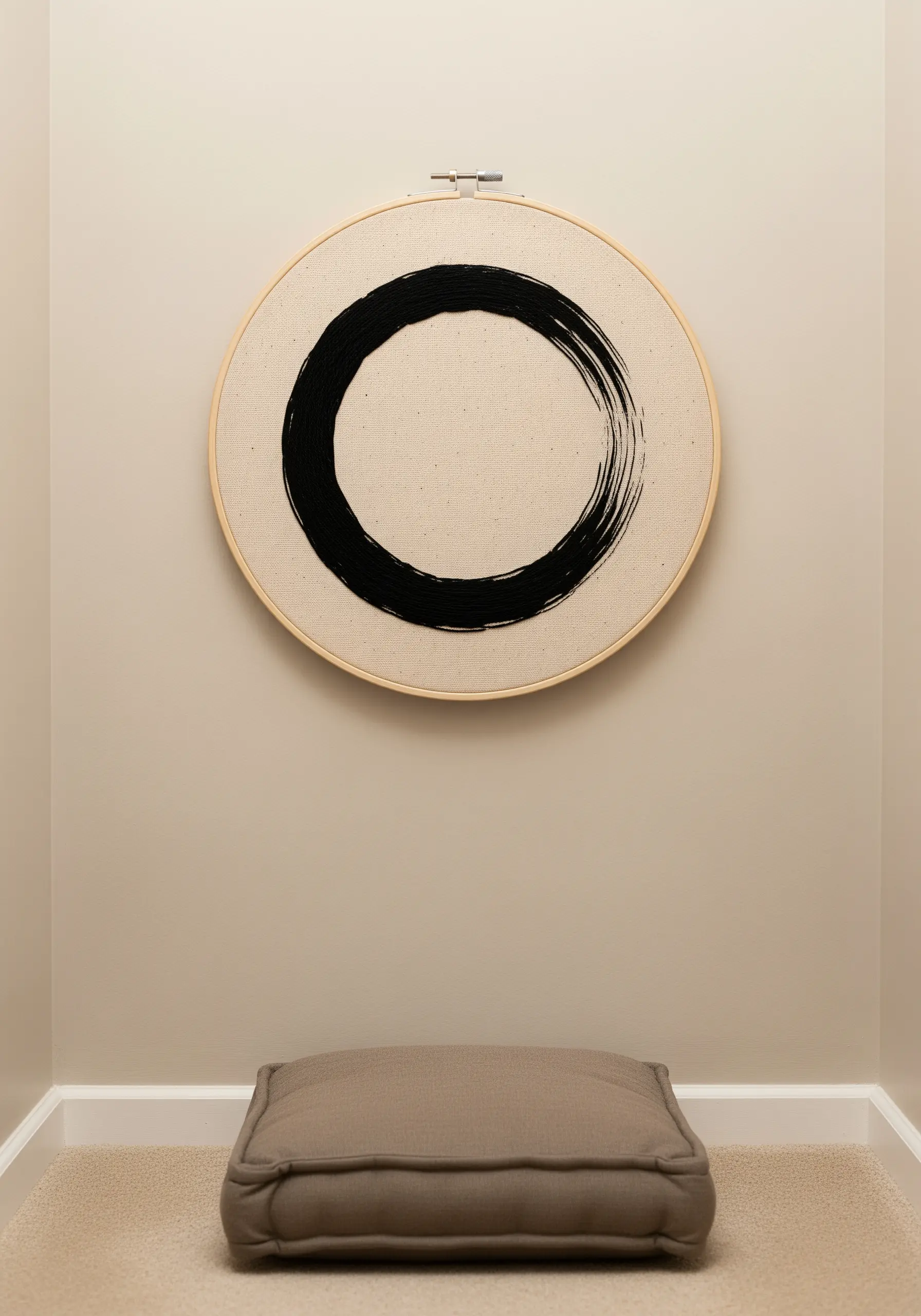 A black embroidered ensō (Zen circle) on neutral fabric in a simple hoop.