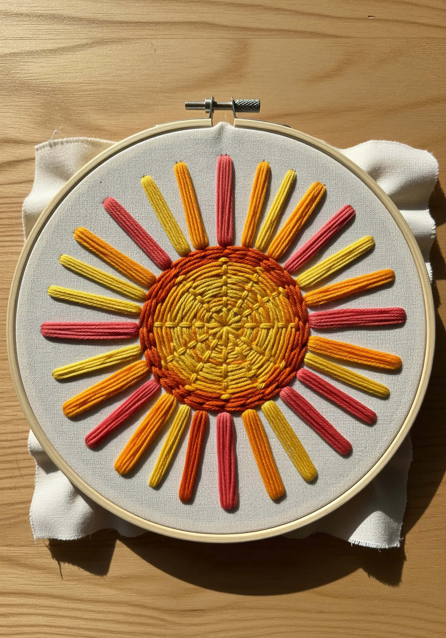 A vibrant embroidered sun with a woven center and radiating rays in yellow, orange, and pink.