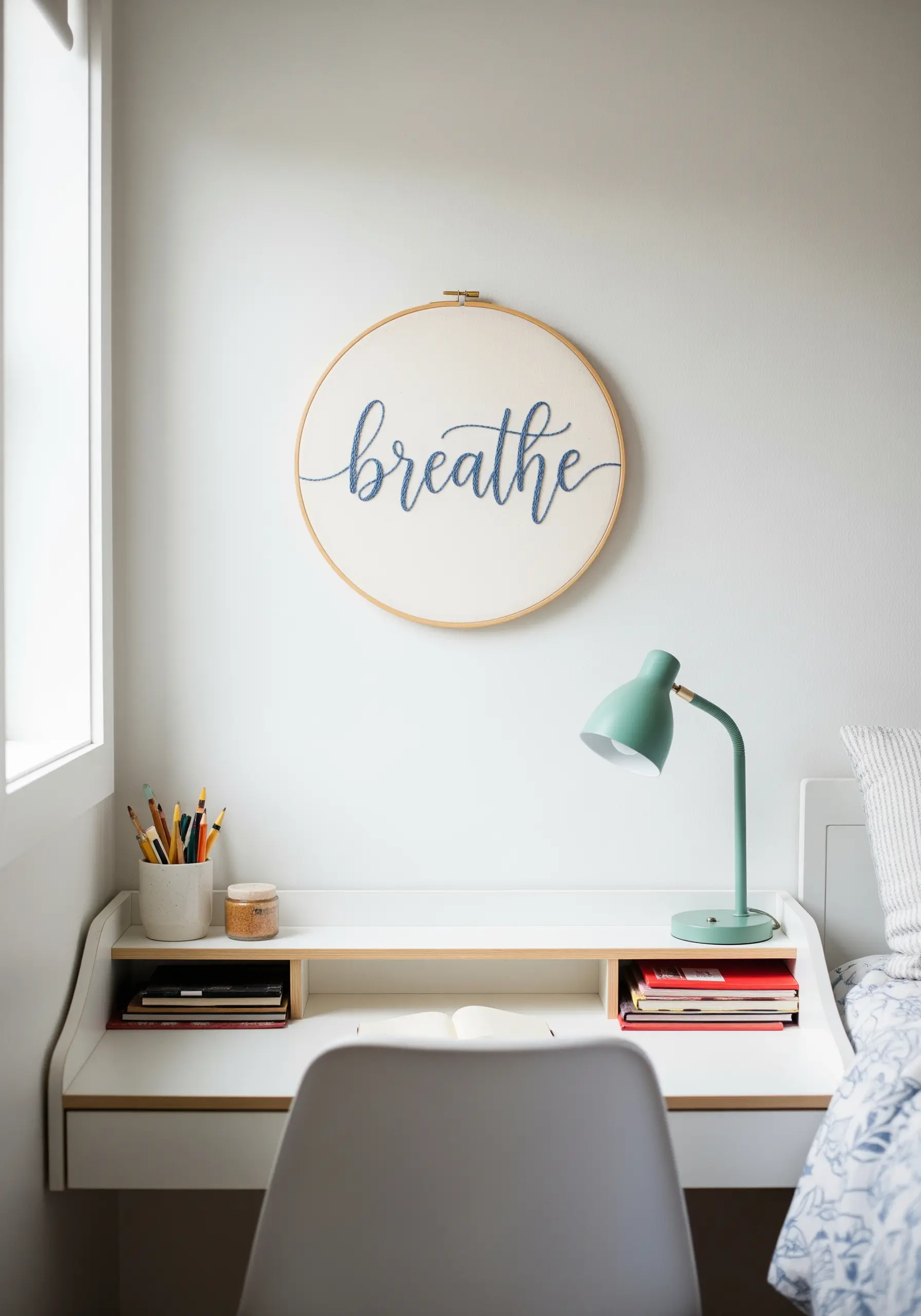 The word 'breathe' embroidered in blue cursive script on cream fabric.