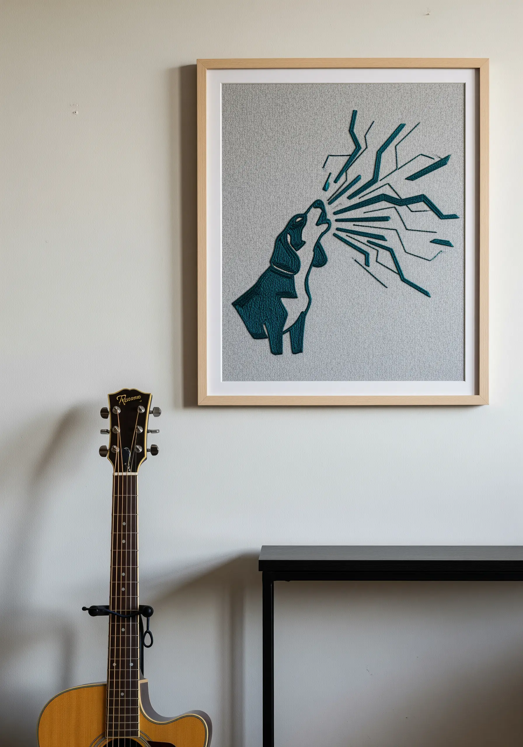 Graphic embroidery of a dog howling with geometric sound waves