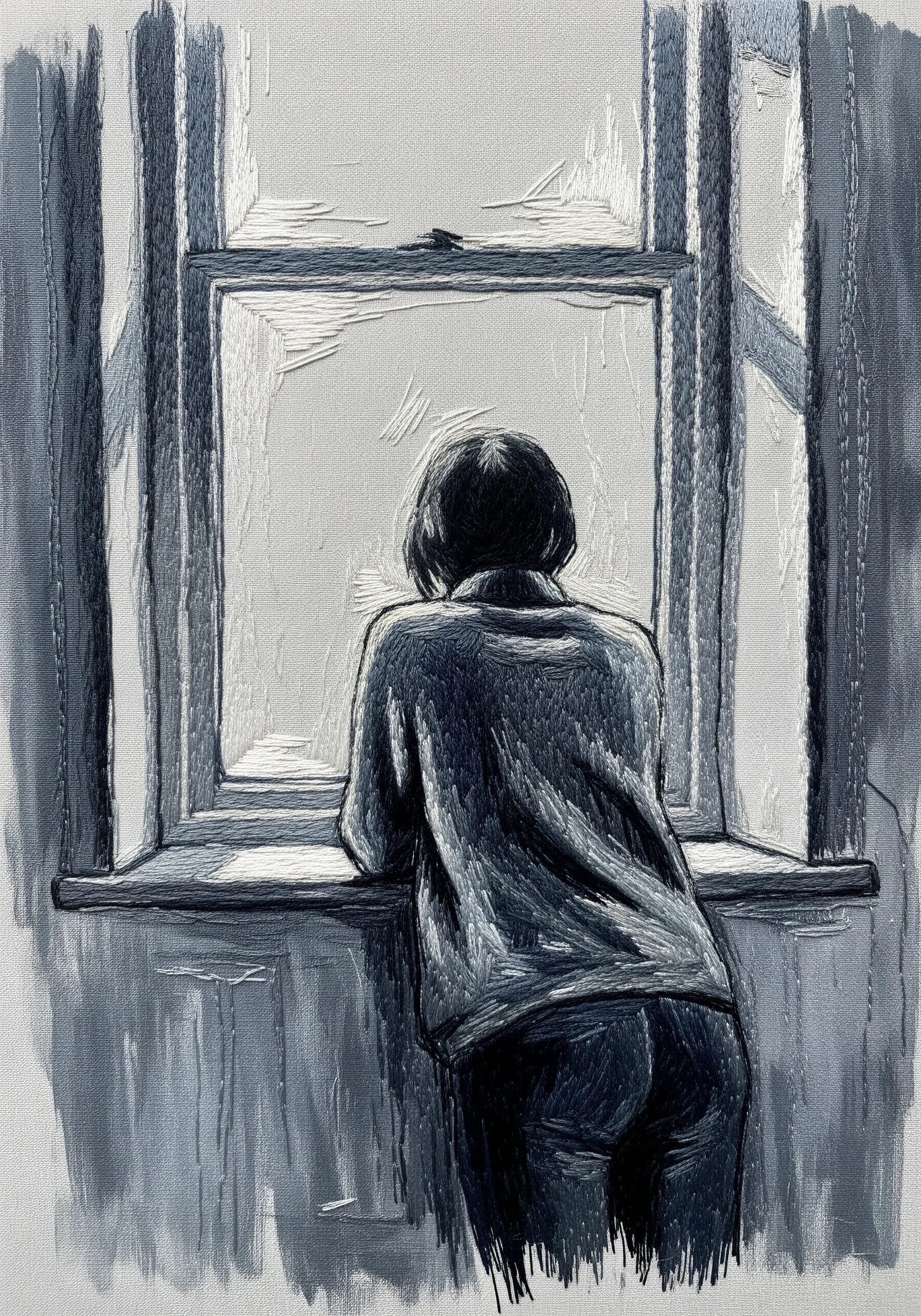 A monochrome embroidered portrait of a person looking out a window, with a painterly texture.