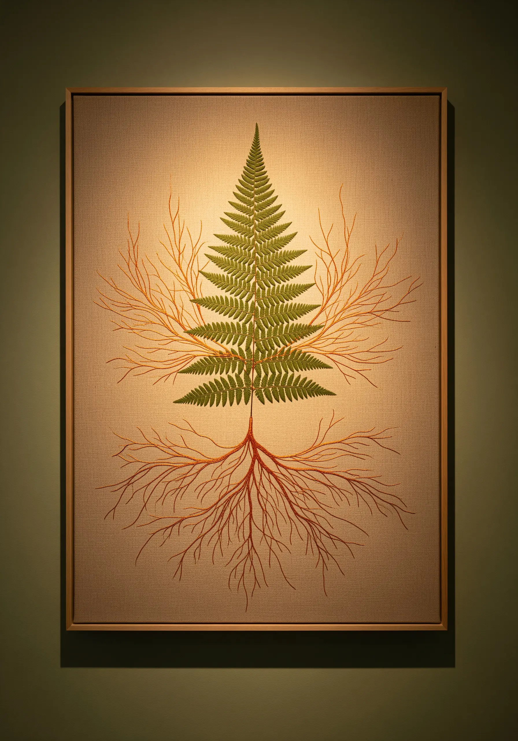 A single pressed fern framed, with embroidered roots extending below and branches above.