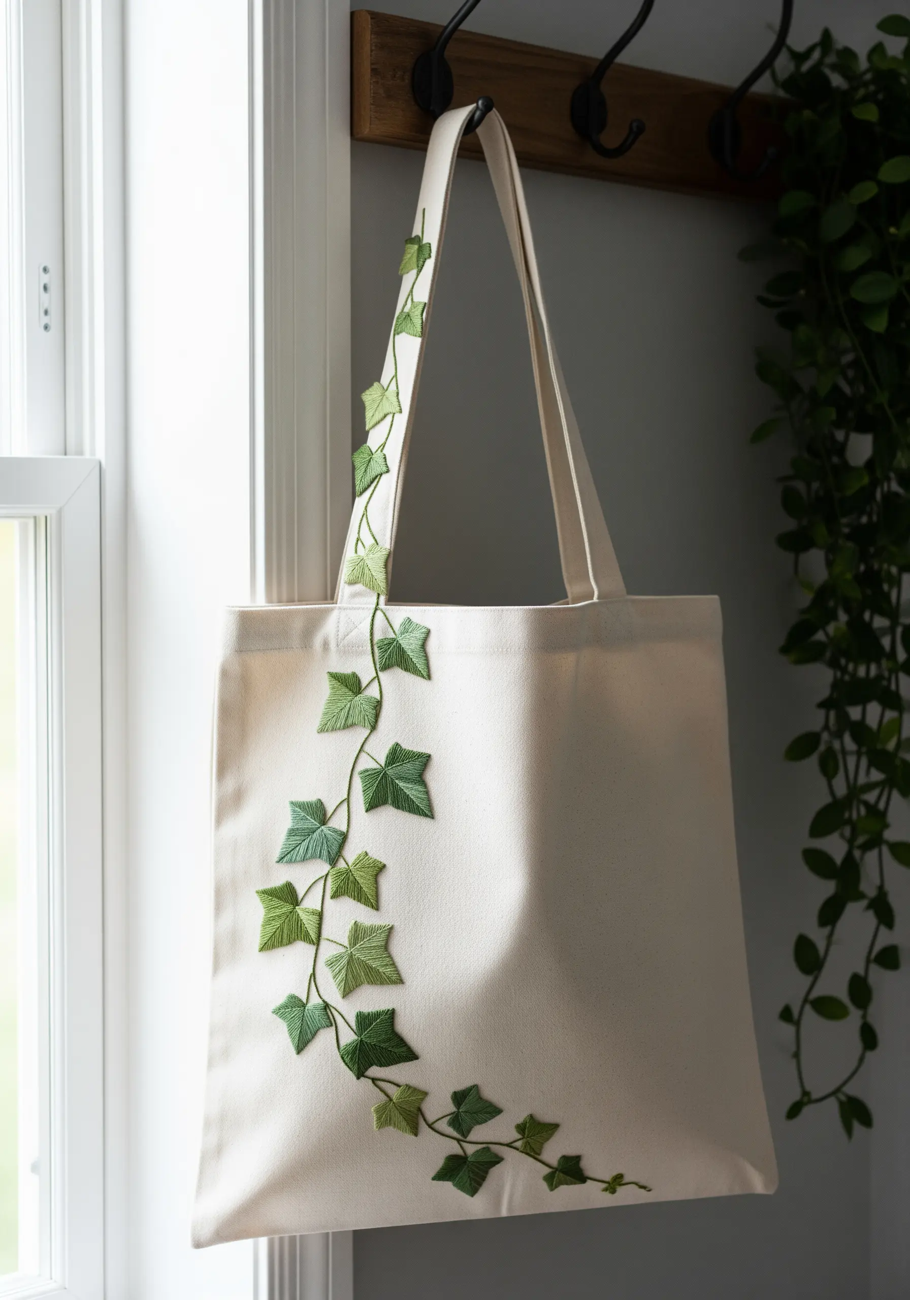 A vine of embroidered ivy leaves climbing up the side of a tote bag and onto the strap.