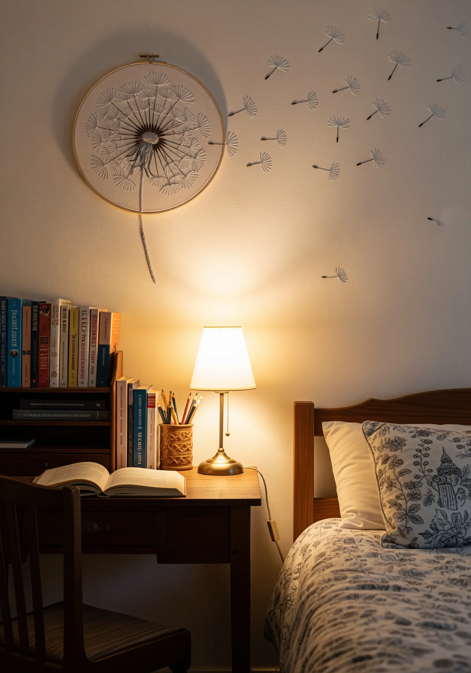 An embroidery hoop of a dandelion, with stitched seeds appearing to float out and across the wall.