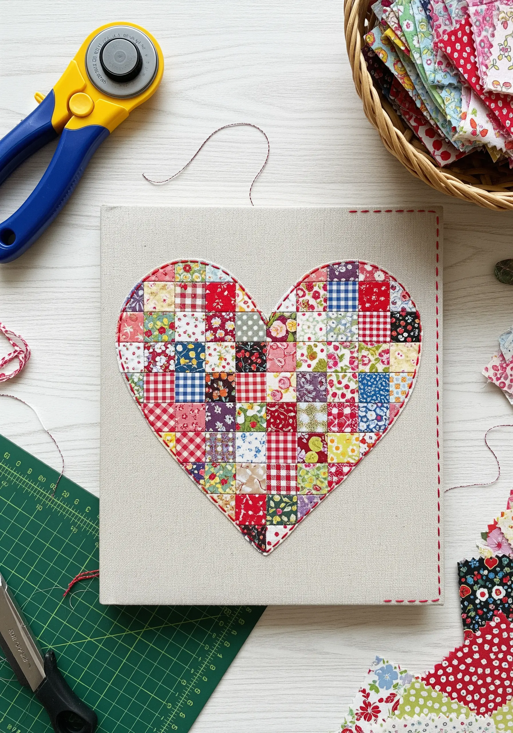 A patchwork heart made from colorful fabric scraps, appliquéd and stitched onto a journal cover.