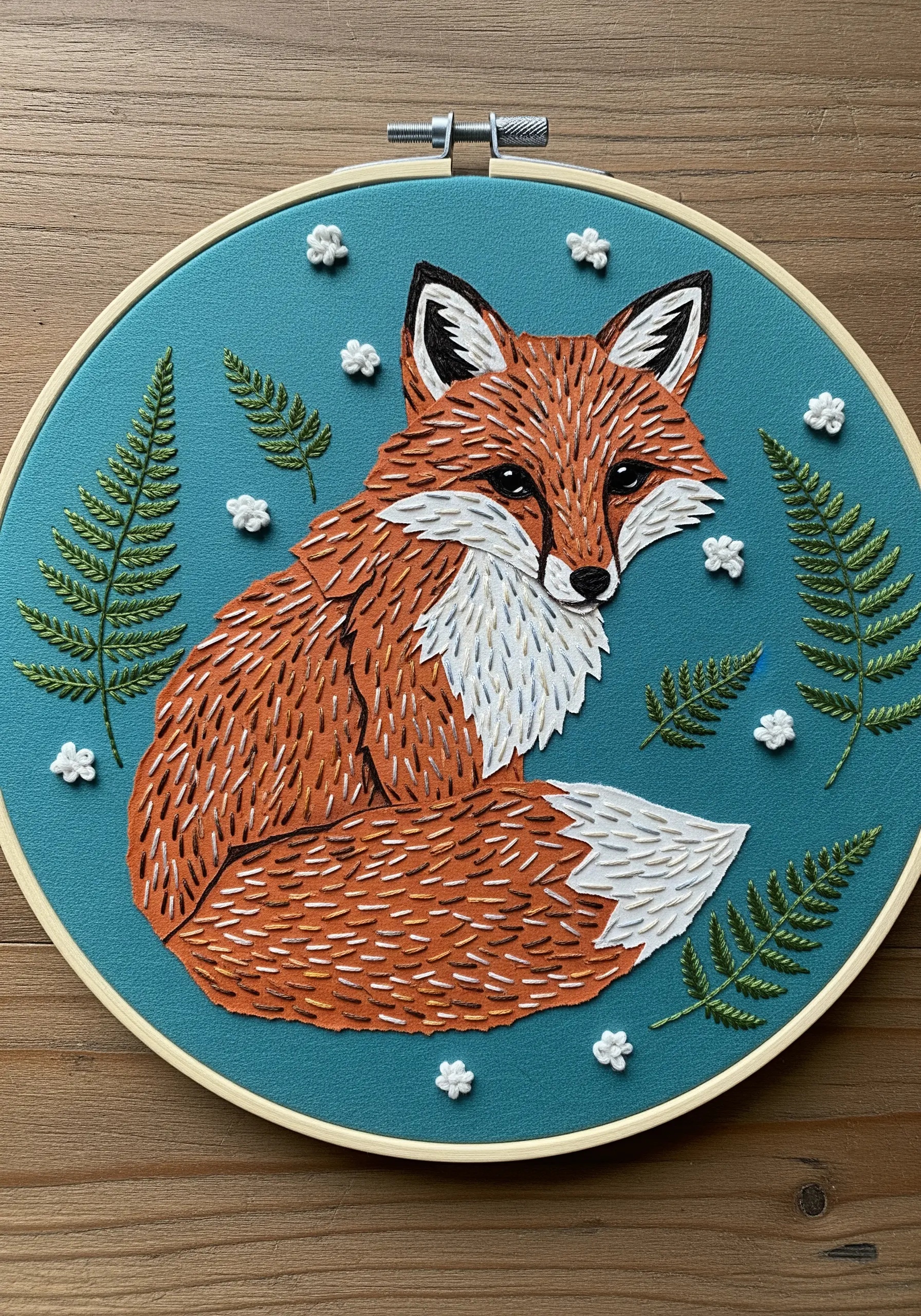 Fabric collage fox in a hoop, with directional stitches creating fur texture.