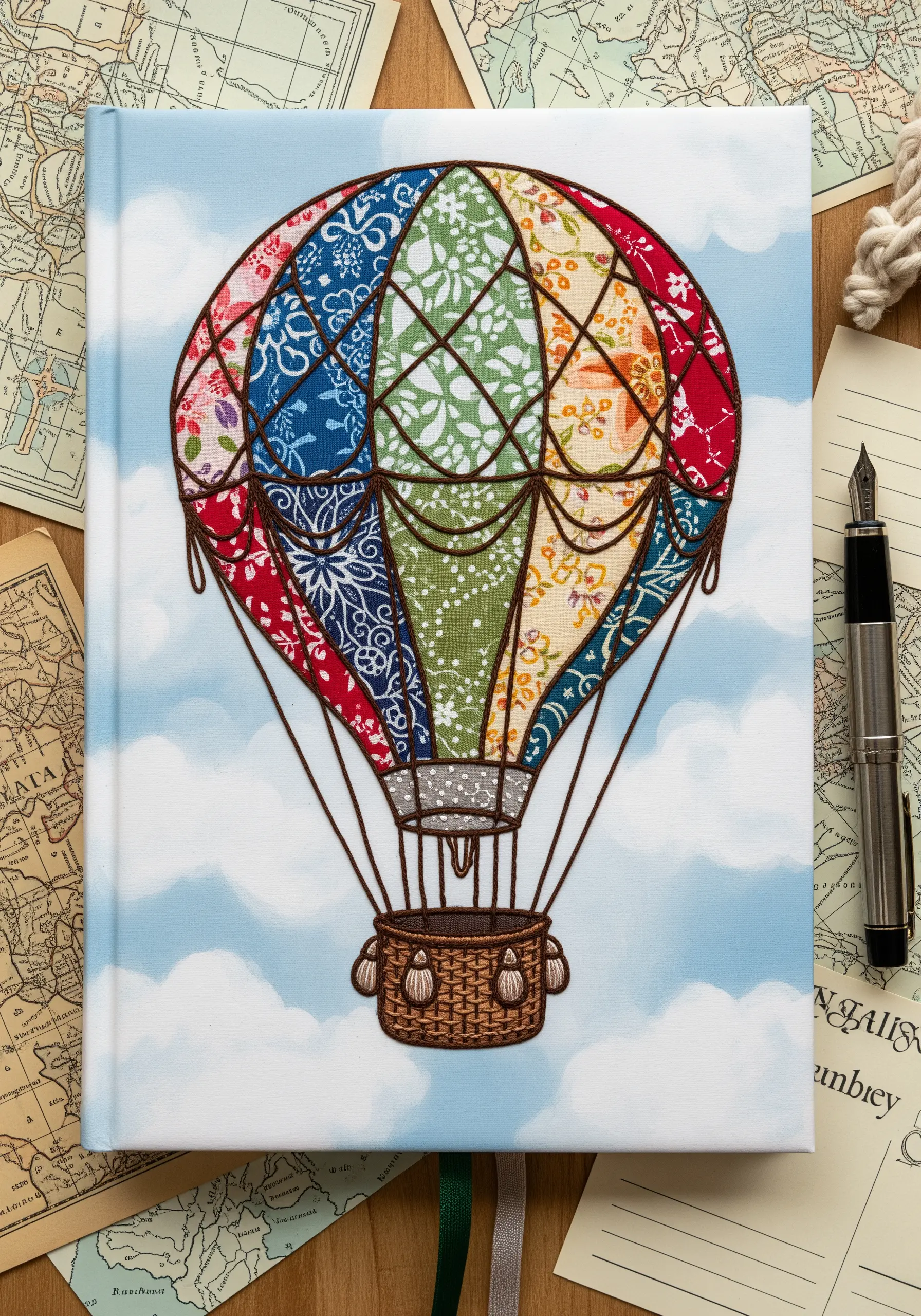 A hot air balloon made from fabric collage, with embroidered netting and a woven basket.