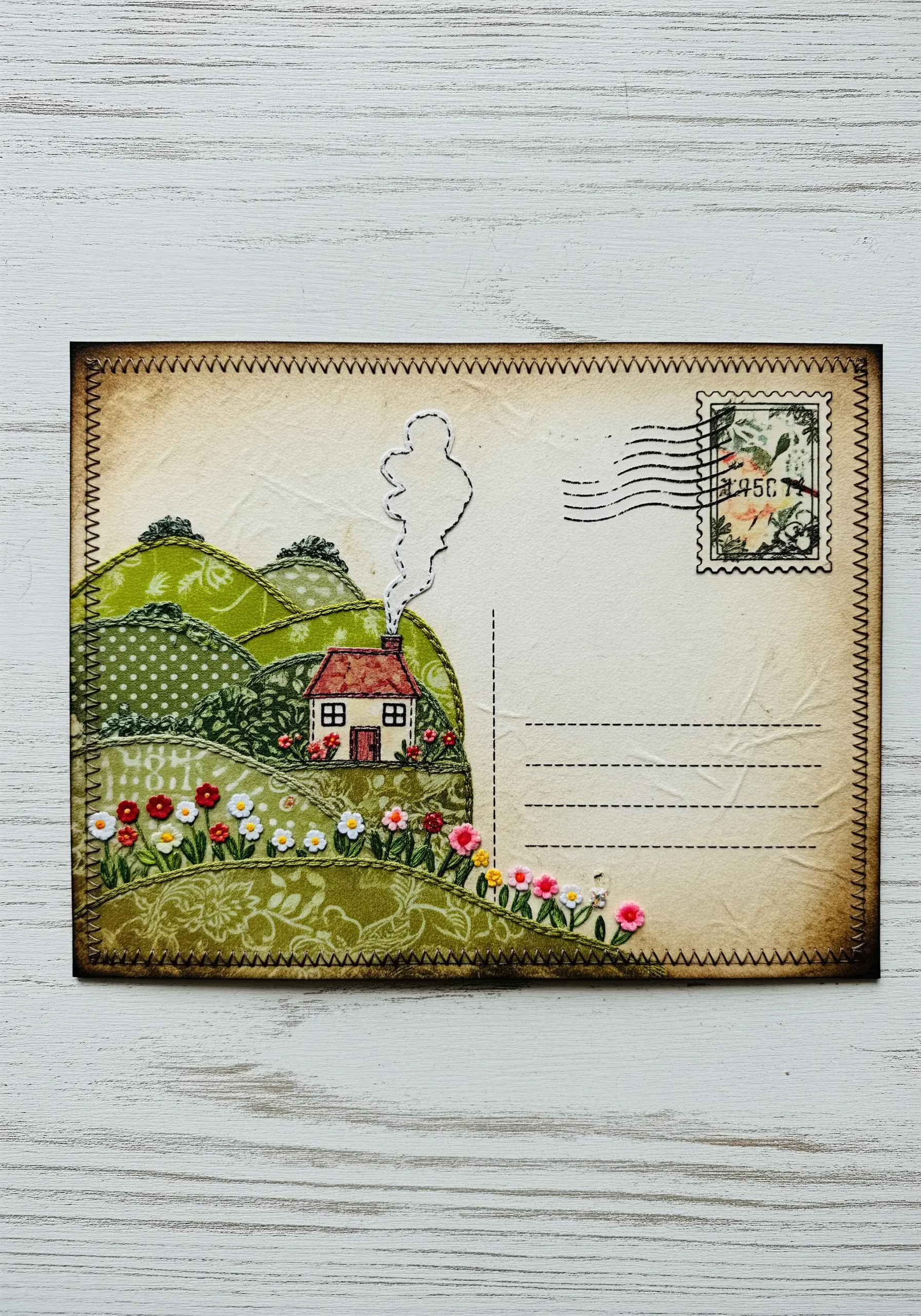 A landscape made of fabric scraps on a postcard, with small embroidered flowers and details.