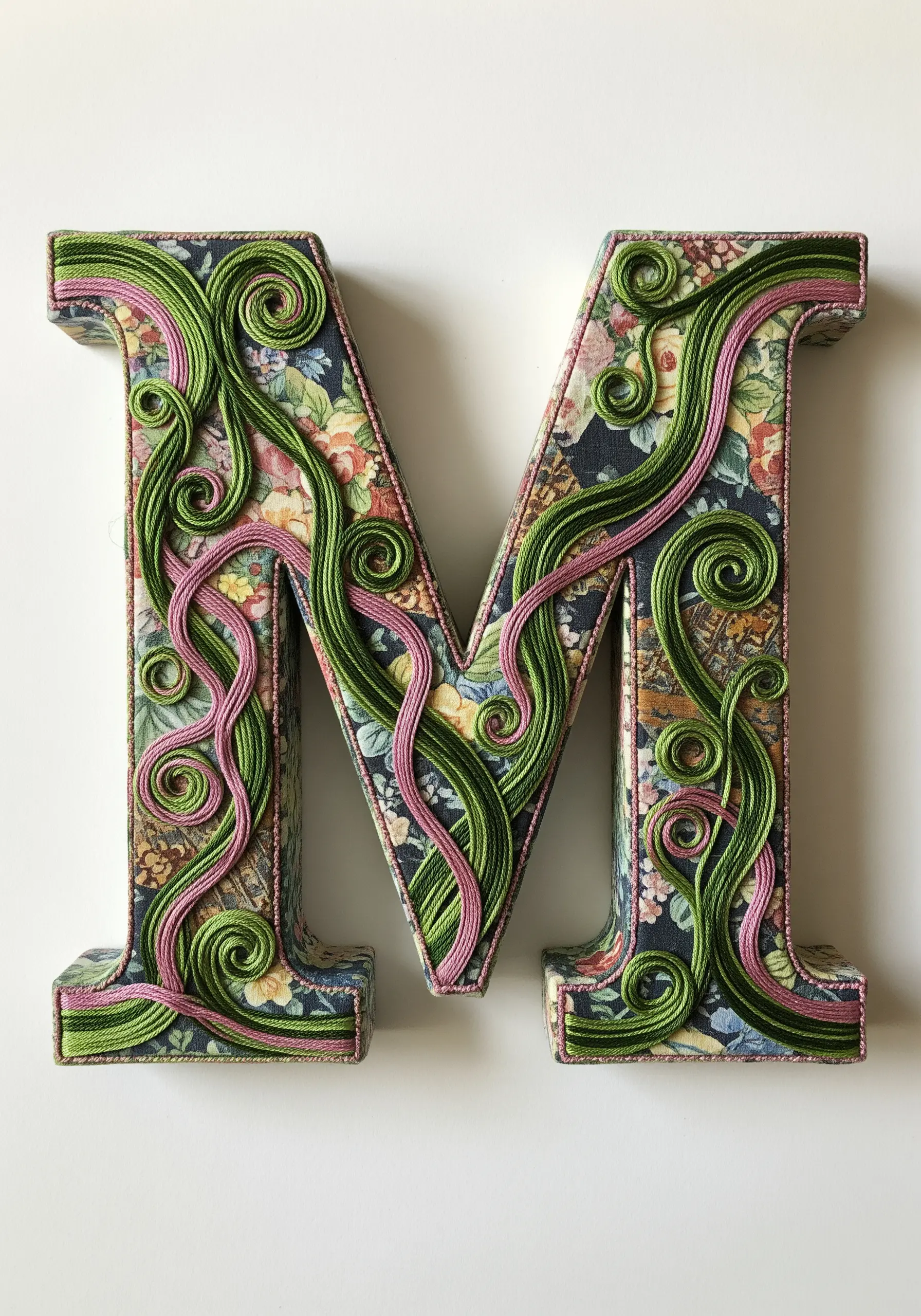 A 3D letter 'M' covered in floral fabric and embellished with green and pink corded embroidery.