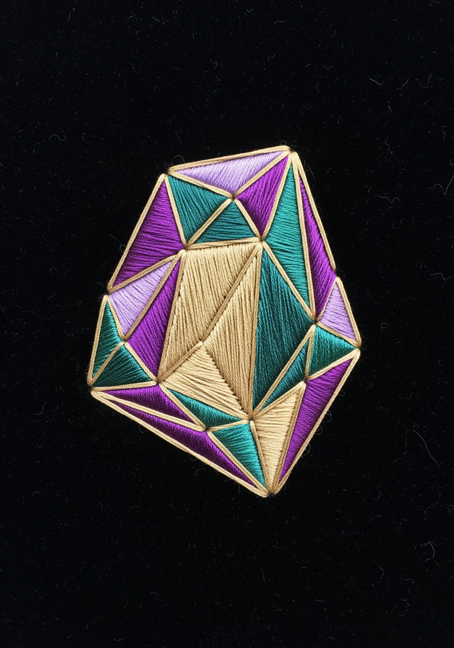 A geometric gemstone shape filled with satin stitch in purple, teal, and gold.