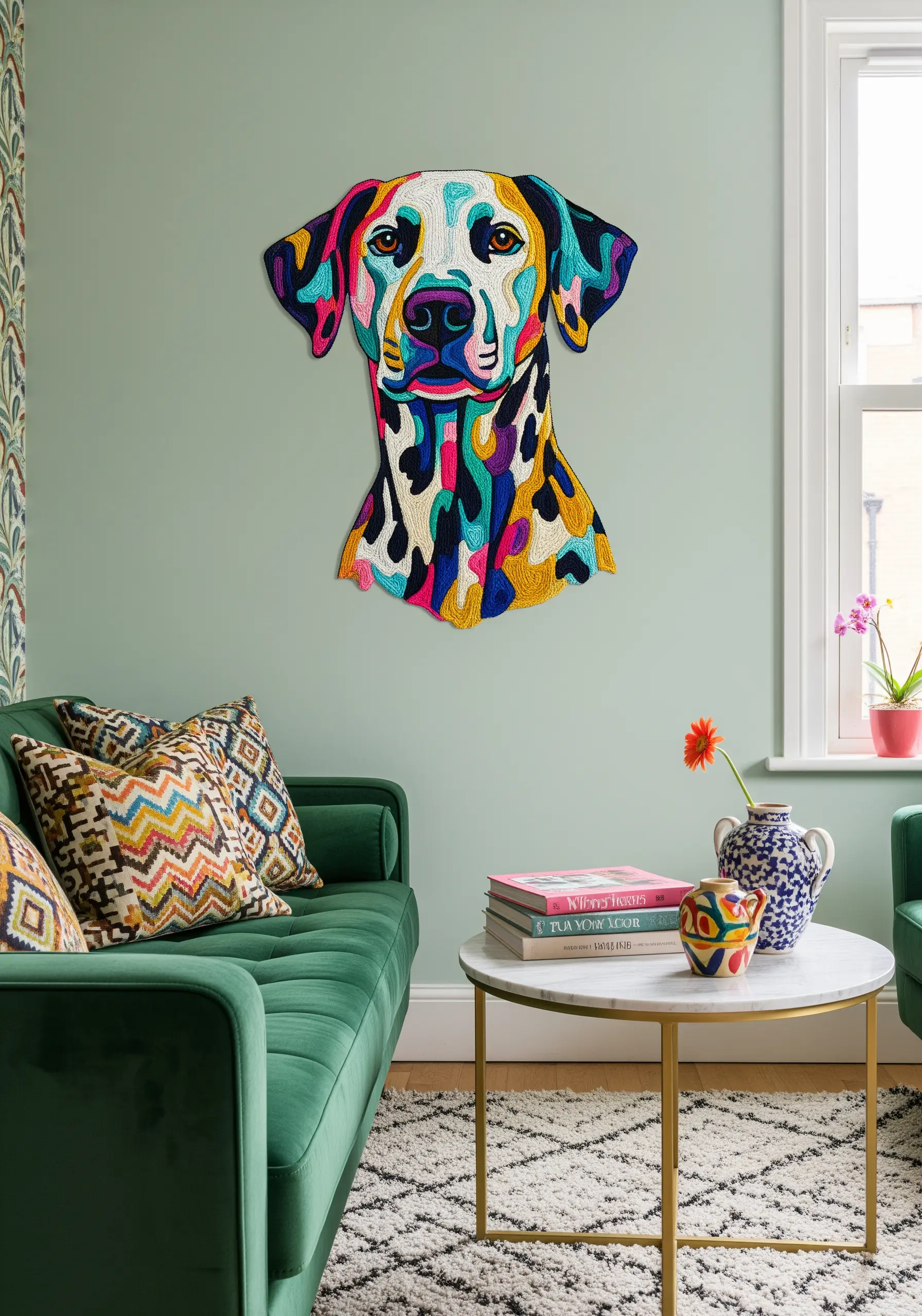 A Dalmatian portrait embroidered with bold, abstract blocks of vibrant color.